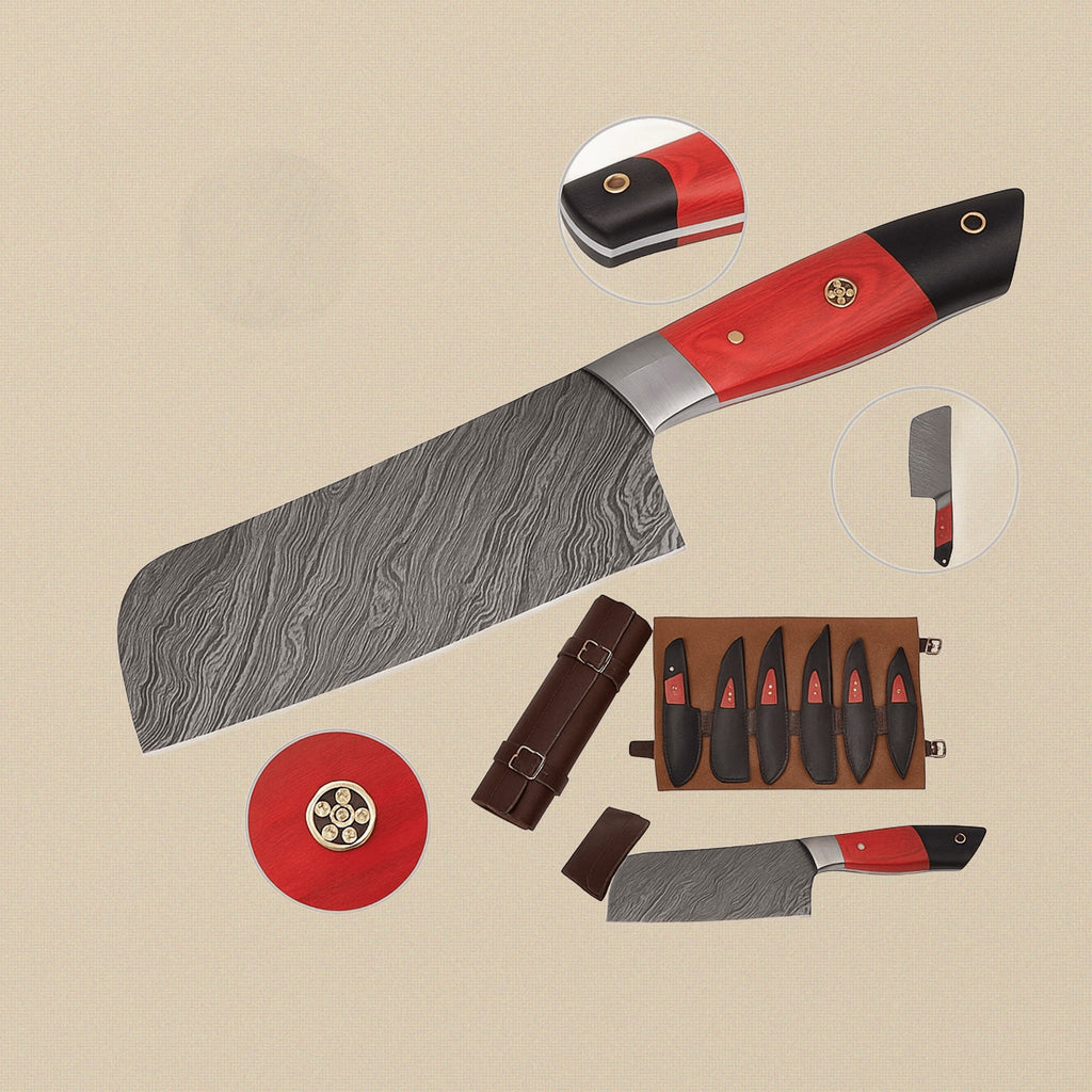 Hand-Forged Damascus Steel Kitchen Knife with Red Pakkawood Handle | Kitchen Knife | Toolsmith Ltd UK