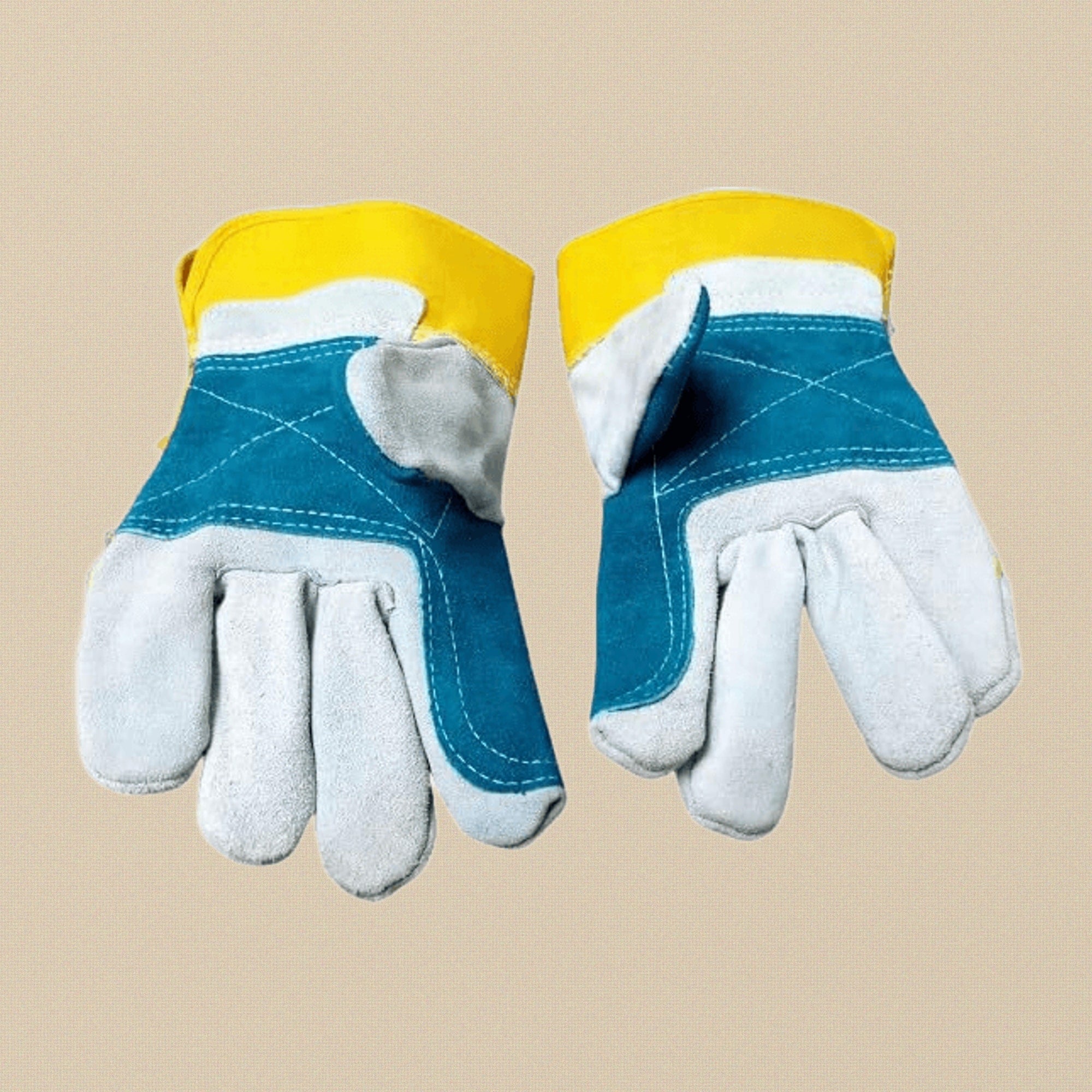 Leather Work Gloves, Canadian Rigger Style, Blue and Yellow Safety Palm Protection, One Size | Jewellery Making Tools | Toolsmith Ltd UK
