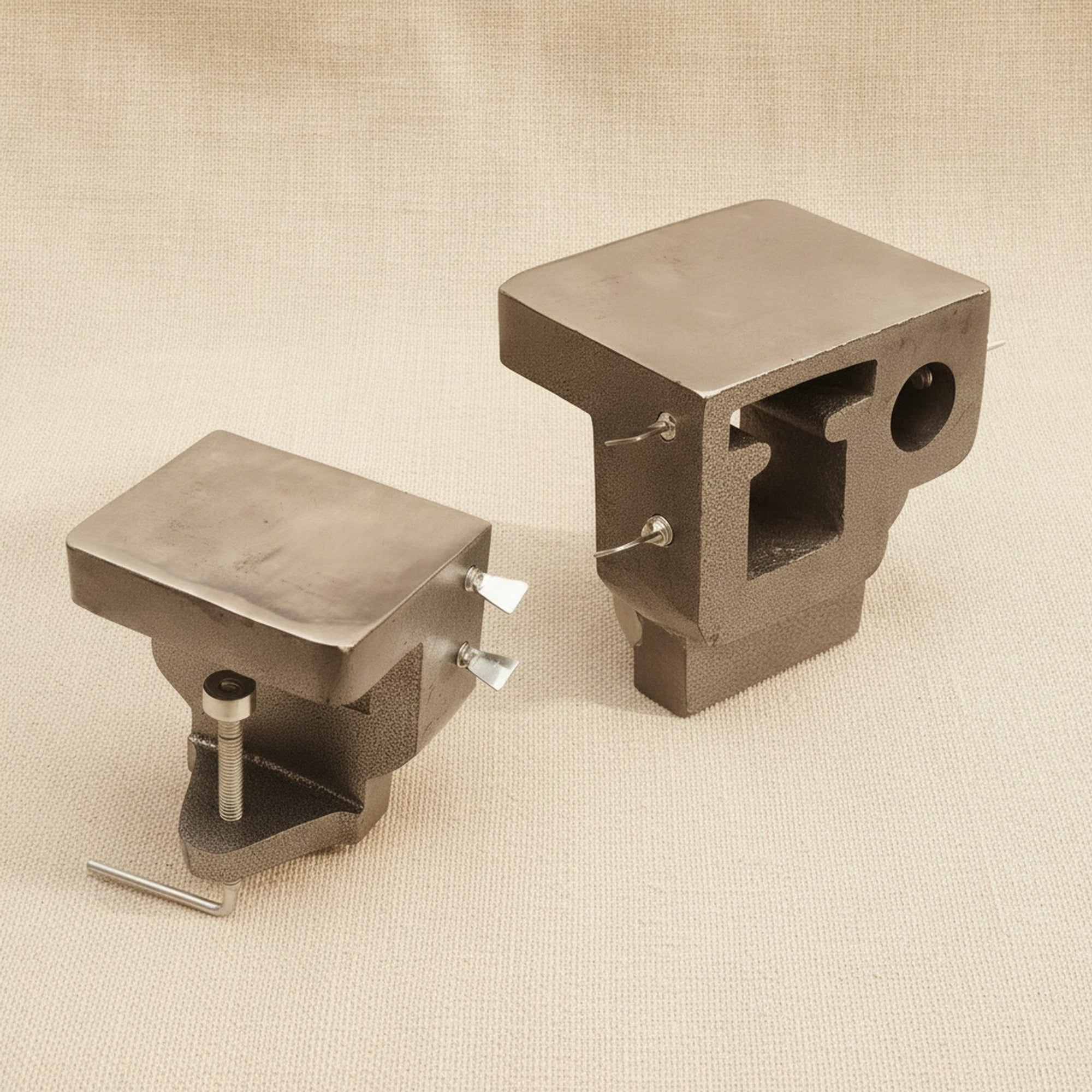 Top-down view of the polished anvil surface and the opening for the bench pin.
