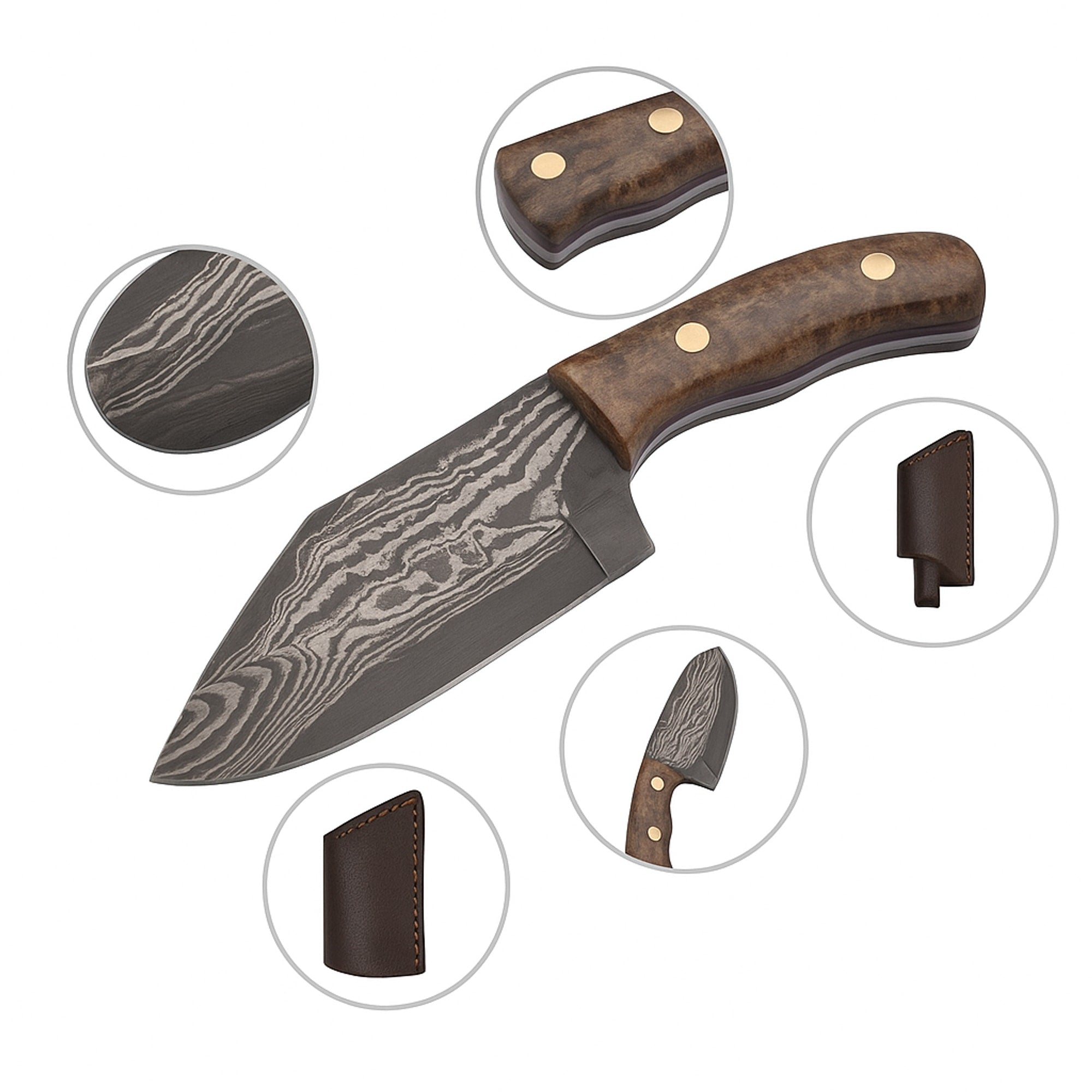 Miniature Damascus Skinner Knife, 50mm Blade, with Micarta Handle and Leather Sheath | Knife | Toolsmith Ltd UK
