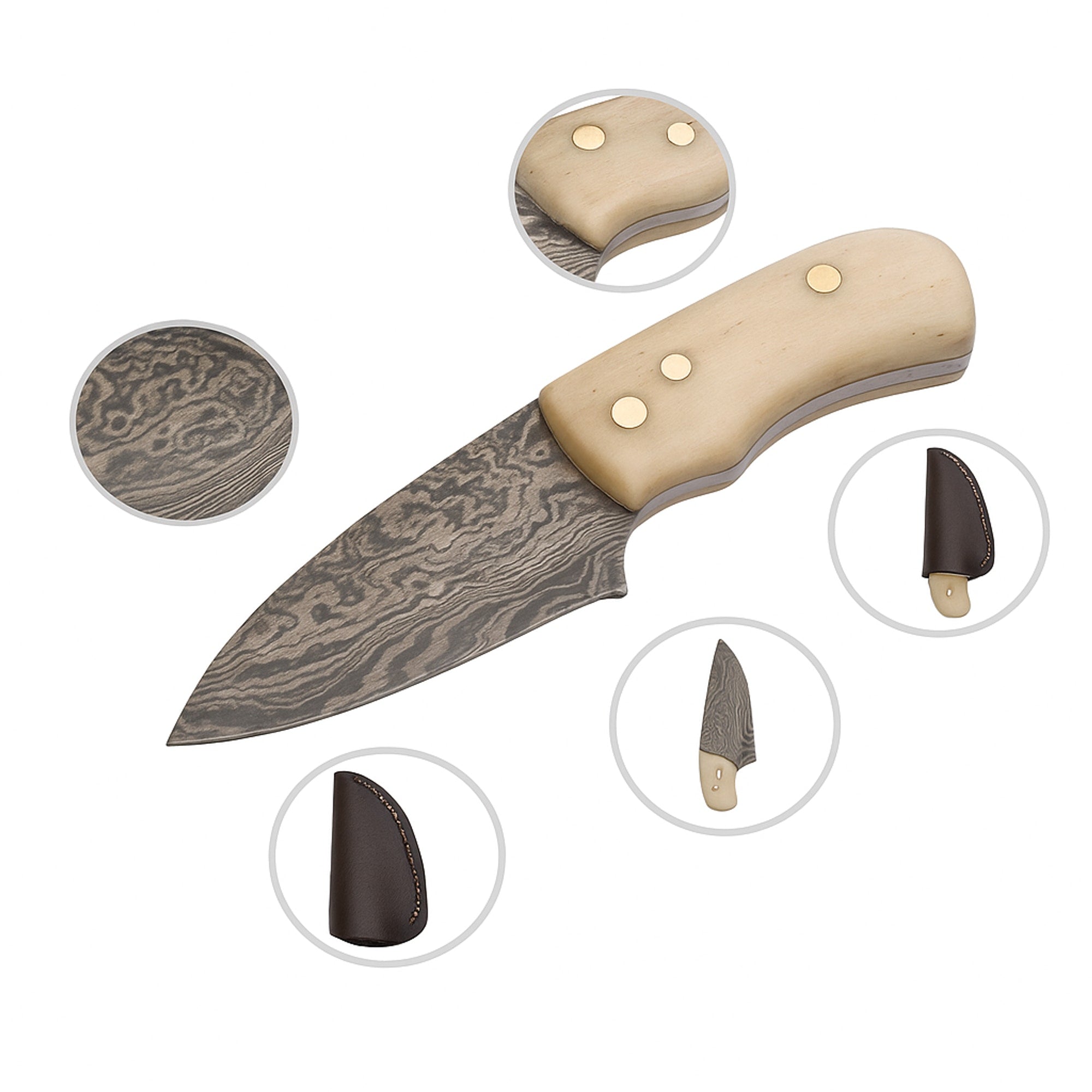 Miniature Damascus Skinner Knife, 76mm, Bone-Handled with Leather Sheath | Miniature Knife | Toolsmith Ltd UK