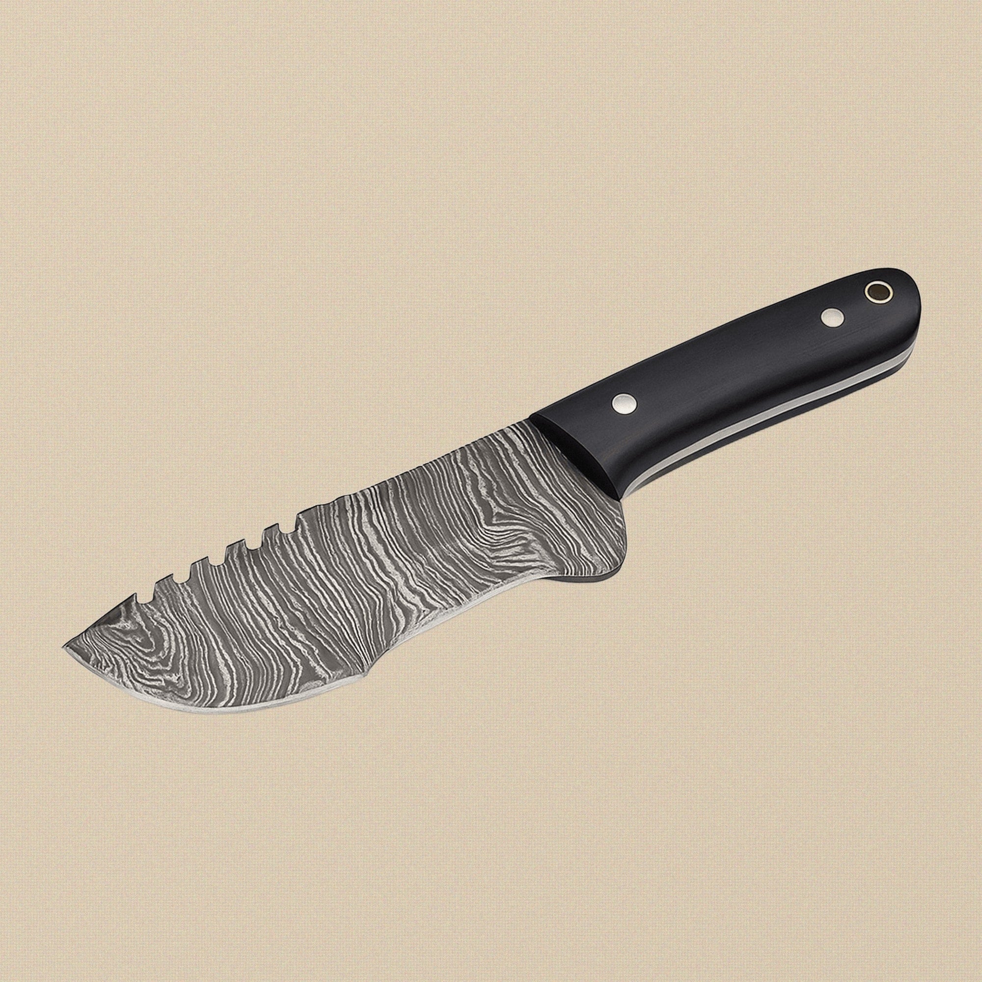 Damascus Steel Tracker Knife with 145 mm Blade, Buffalo Horn Handle and Leather Sheath | Tracker Knife | Toolsmith Ltd UK