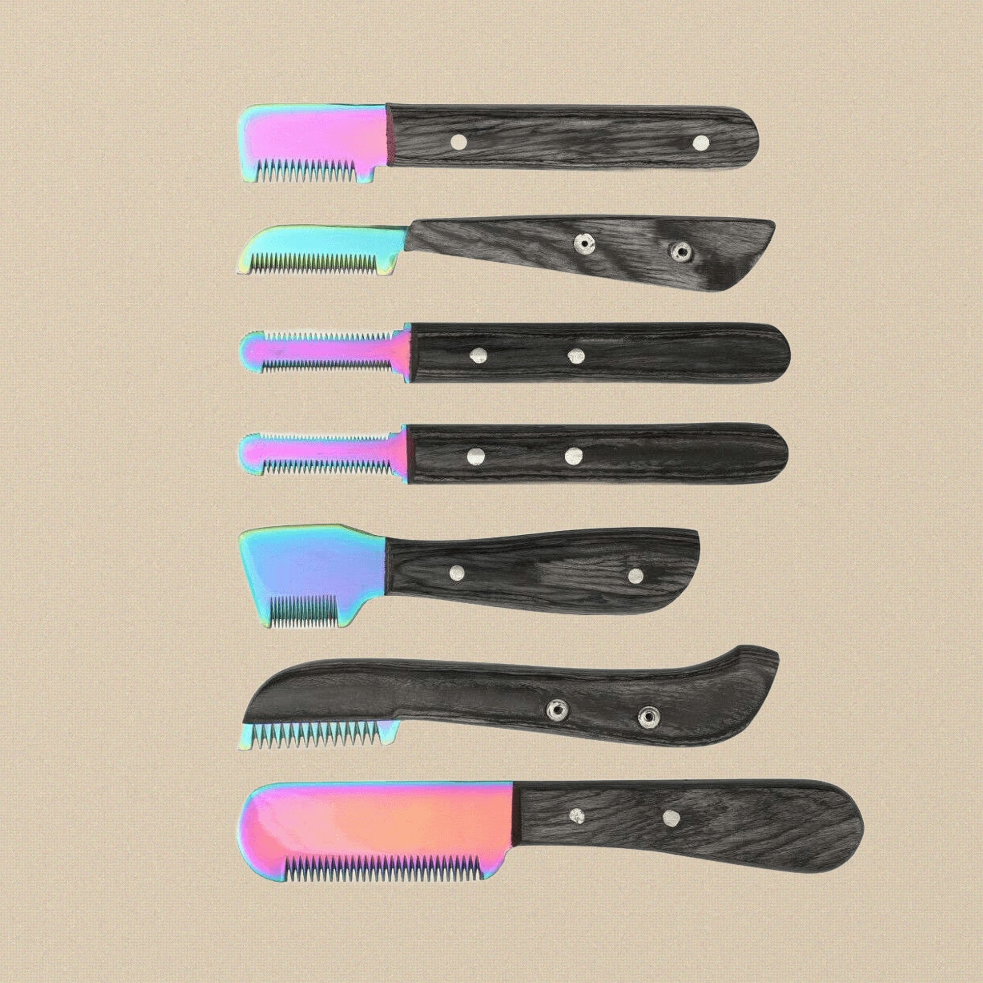 6-Piece Black Multi Blade Pet Grooming Stripping Knife Set, Dog Cat Combs/ Brushes with Storage Box, Stainless Steel Right Handed Design, Wooden Handle | Pet Grooming Tools | Toolsmith Ltd UK