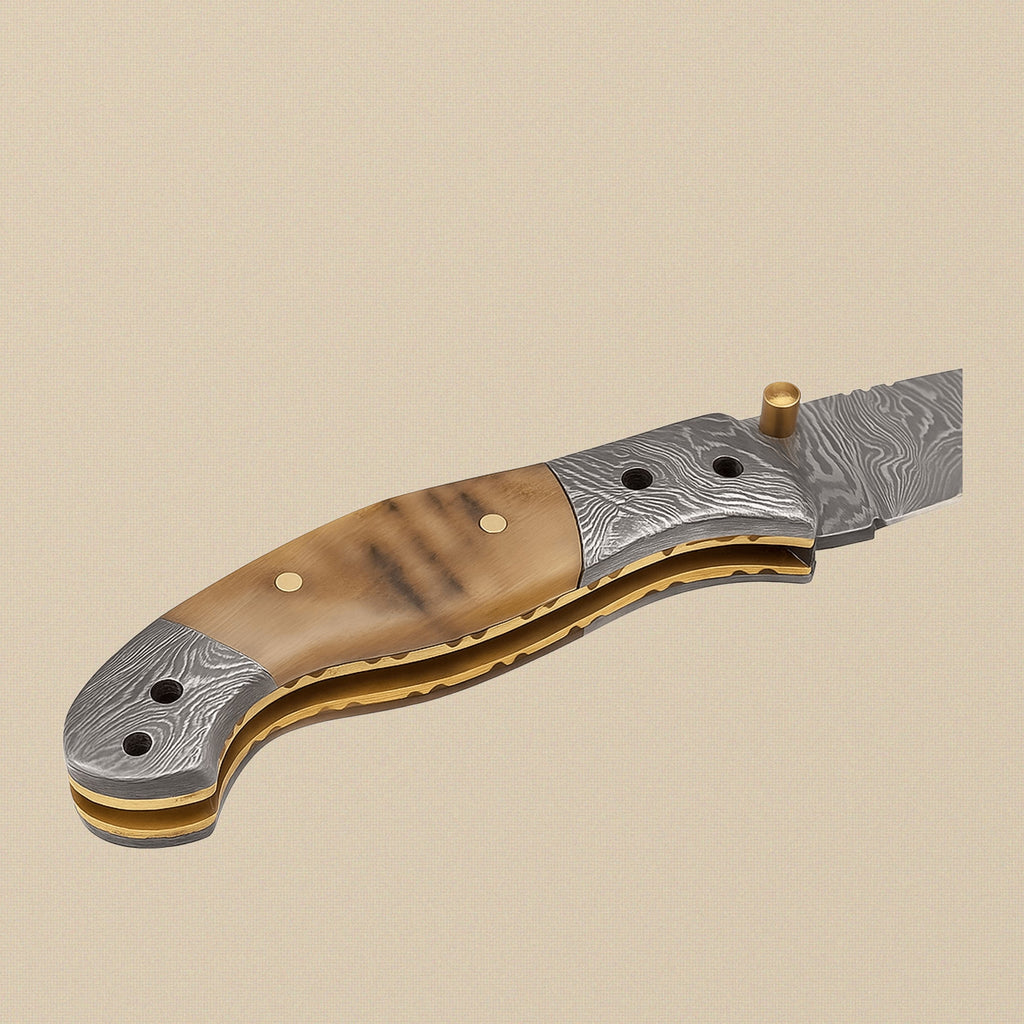 Folding Knife with Ram Horn Handle, 3.5" Fire Pattern Damascus Blade & Leather Sheath | Folding Knife | Toolsmith Ltd UK