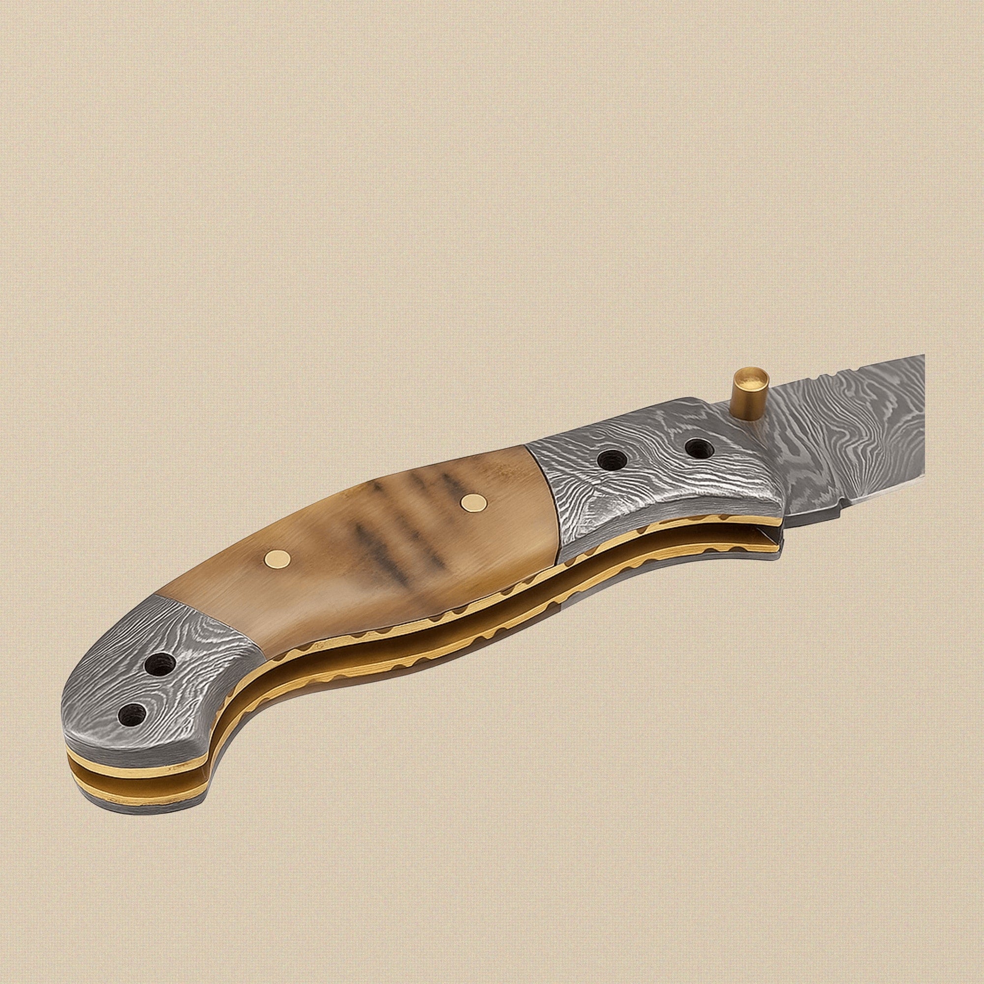 Folding Knife with Ram Horn Handle, 3.5" Fire Pattern Damascus Blade & Leather Sheath | Folding Knife | Toolsmith Ltd UK