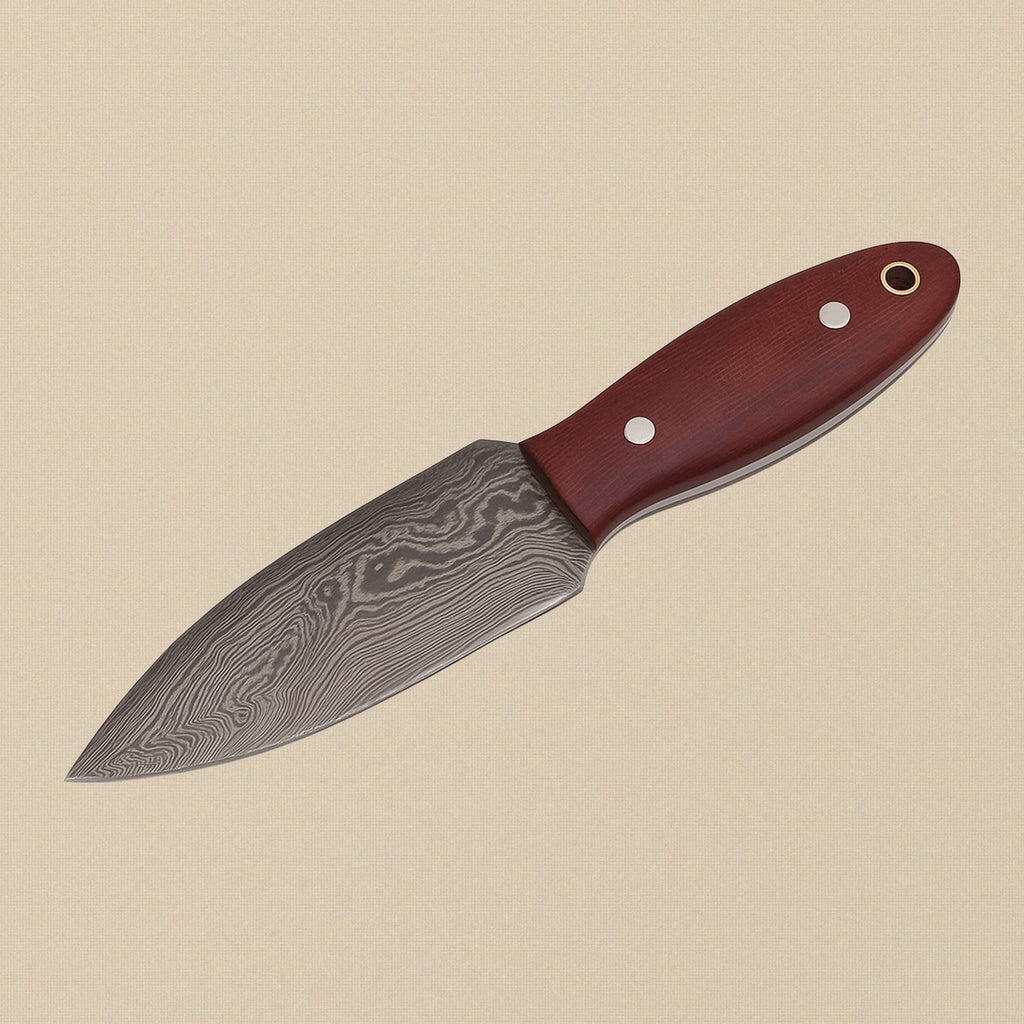 Fixed Blade Dagger with 114mm Damascus Steel Blade and Red Micarta Handle | Fixed Blade Knife | Toolsmith Ltd UK