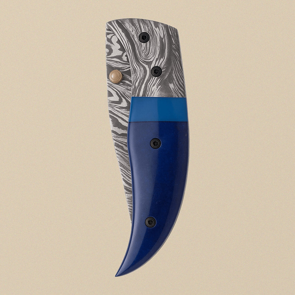 Damascus Steel Folding Knife with Blue Camel Bone Handle & Sheath, 191mm (7.5") | Folding Knife | Toolsmith Ltd UK