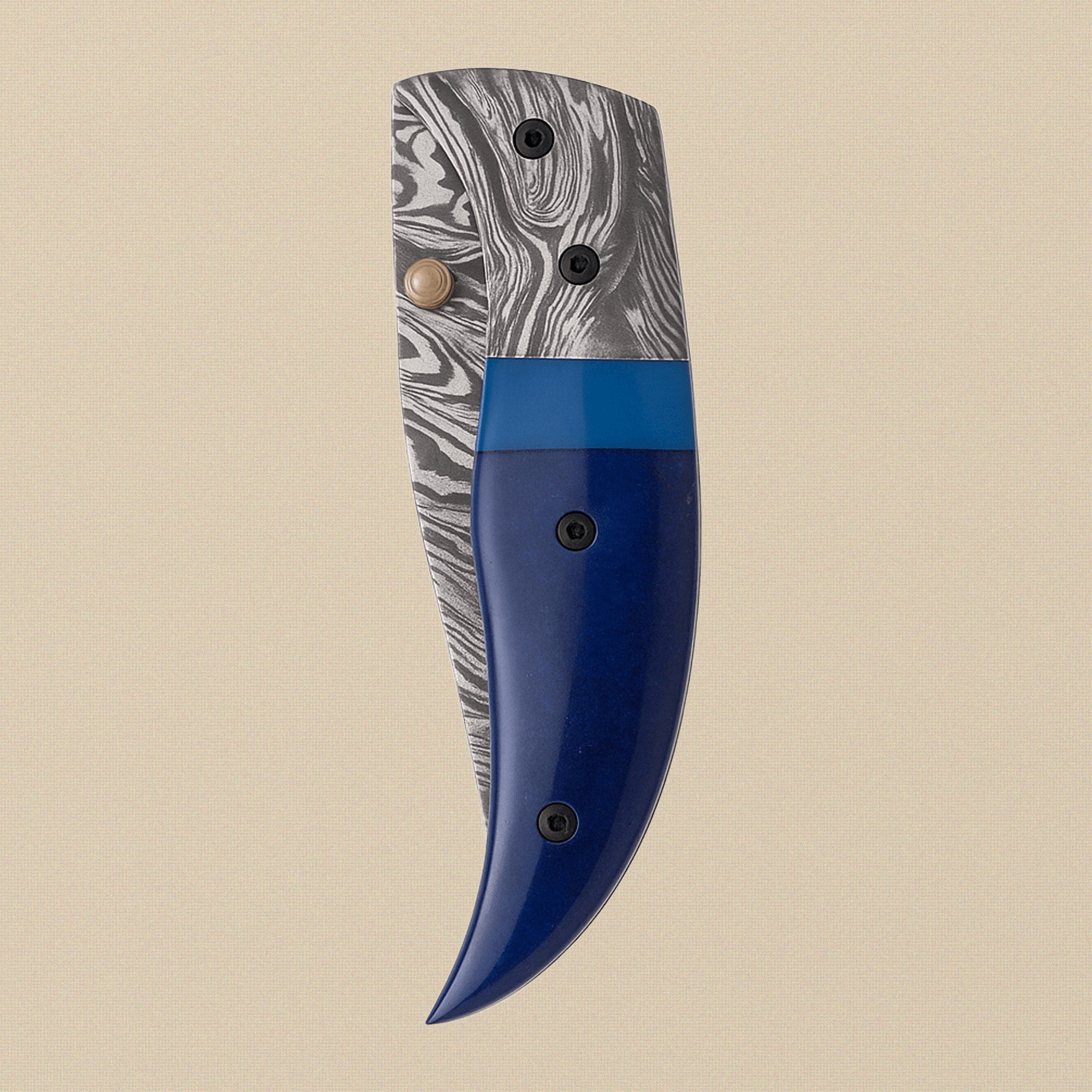 Damascus Steel Folding Knife with Blue Camel Bone Handle & Sheath, 191mm (7.5") | Folding Knife | Toolsmith Ltd UK