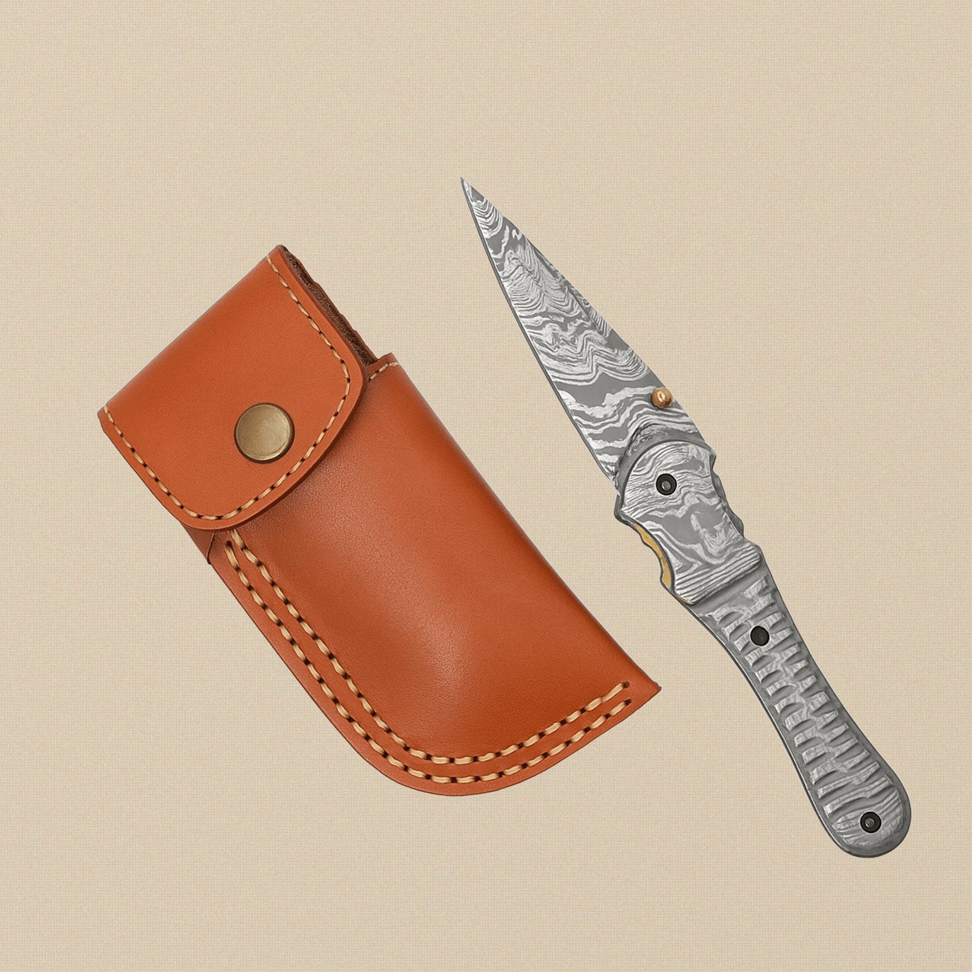 Damascus Steel Folding Knife (183mm) with Full Damascus Handle and Leather Sheath | Folding Knife | Toolsmith Ltd UK
