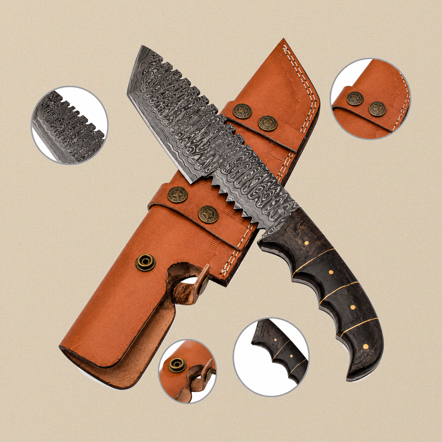 Damascus Steel Tracker Knife (8-inch Blade) with Ram Horn Handle and Leather Sheath | Knives | Toolsmith Ltd UK