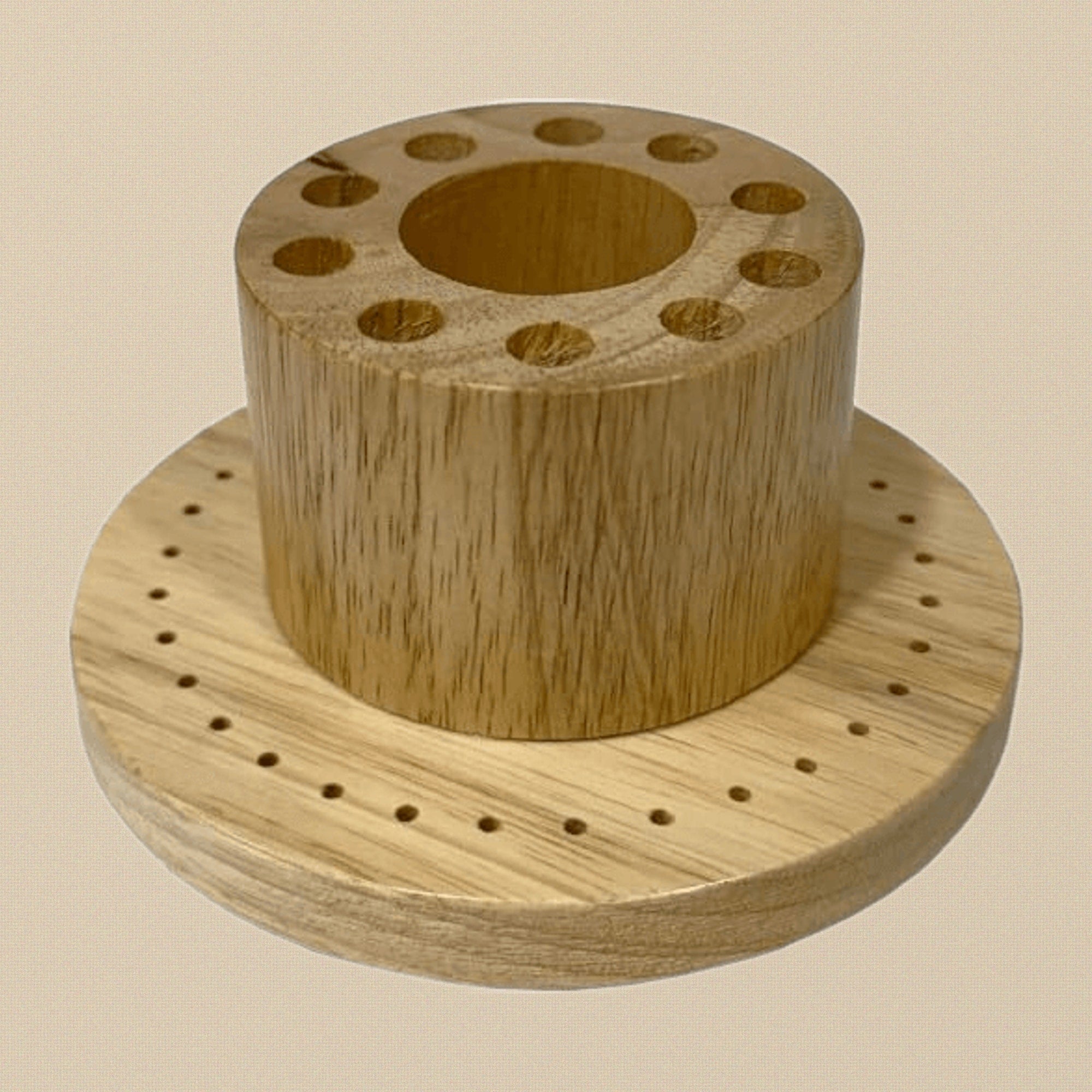 42-Holes Wooden Saw Blade Storage Organiser, 125 MM Round Base Stand with Burs, Bits, Files, Tweezers Holder, 65 MM Height | Jewellery Making Tools | Toolsmith Ltd UK