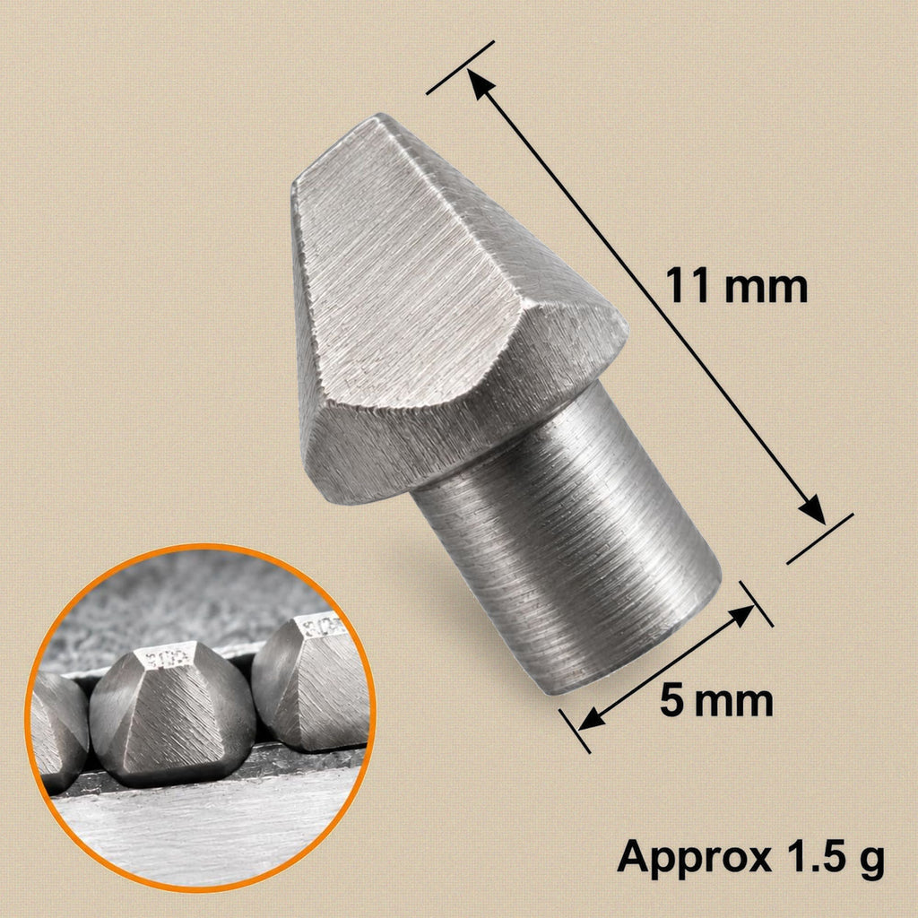 Marking stamp size: about 11 mm long with a 5 mm shank, shown with a close-up of stamped marks