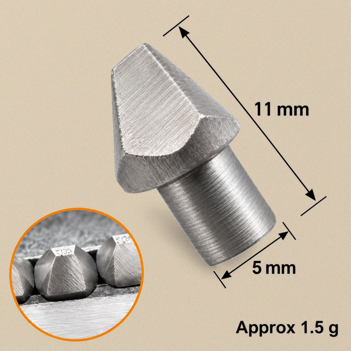 Marking stamp size: about 11 mm long with a 5 mm shank, shown with a close-up of stamped marks
