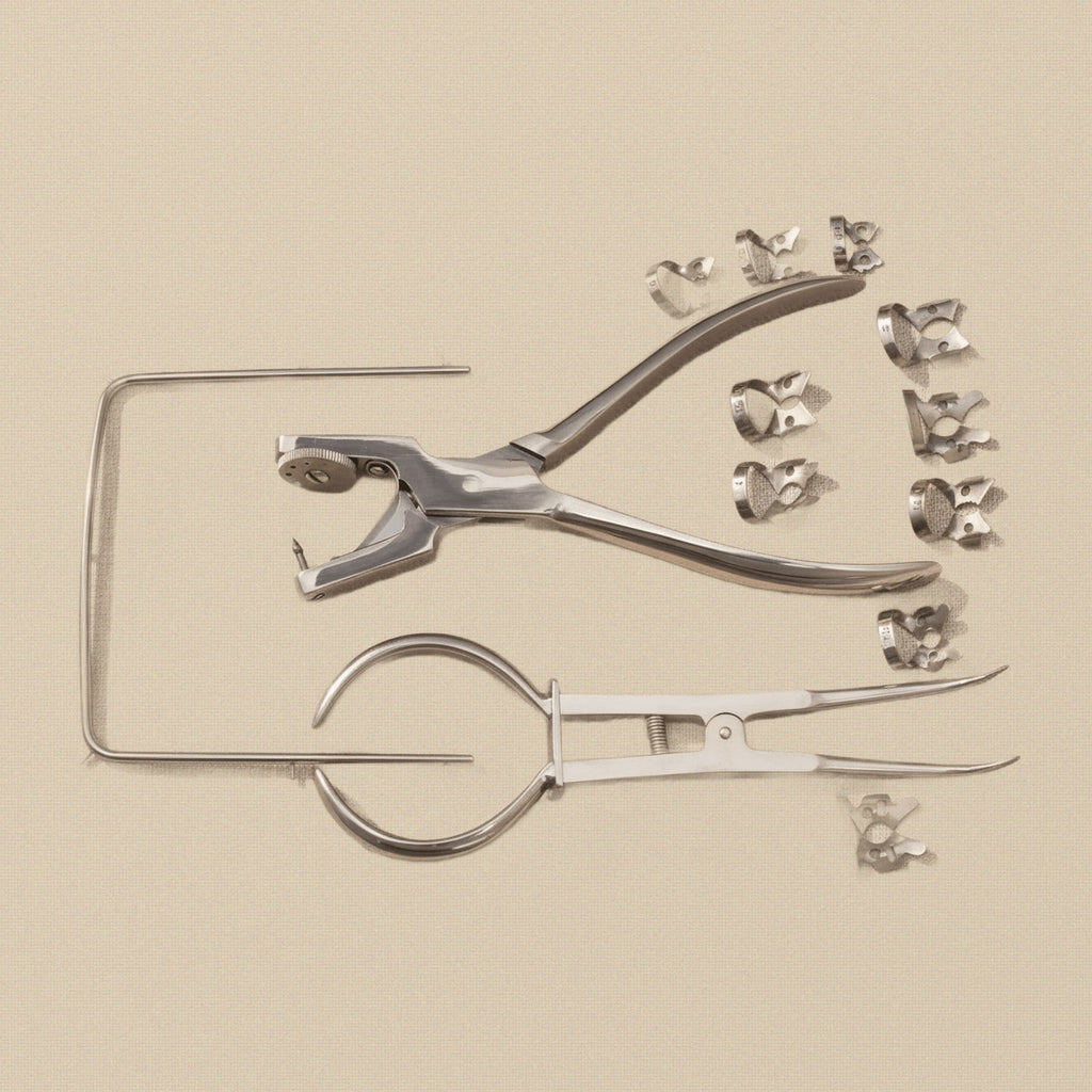 Surgical Steel Rubber Dam Kit with Ainsworth Forceps and 12 Winged Clamps | Surgical Instruments | Toolsmith Ltd UK