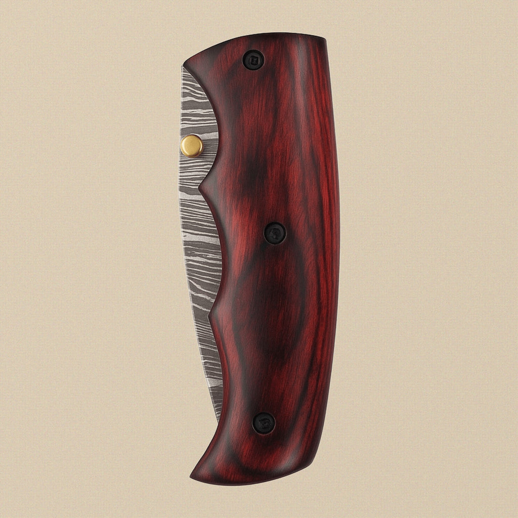 Folding Knife with 76mm Damascus Steel Blade, Red Pakkawood Handle and Leather Sheath | Folding Knife | Toolsmith Ltd UK