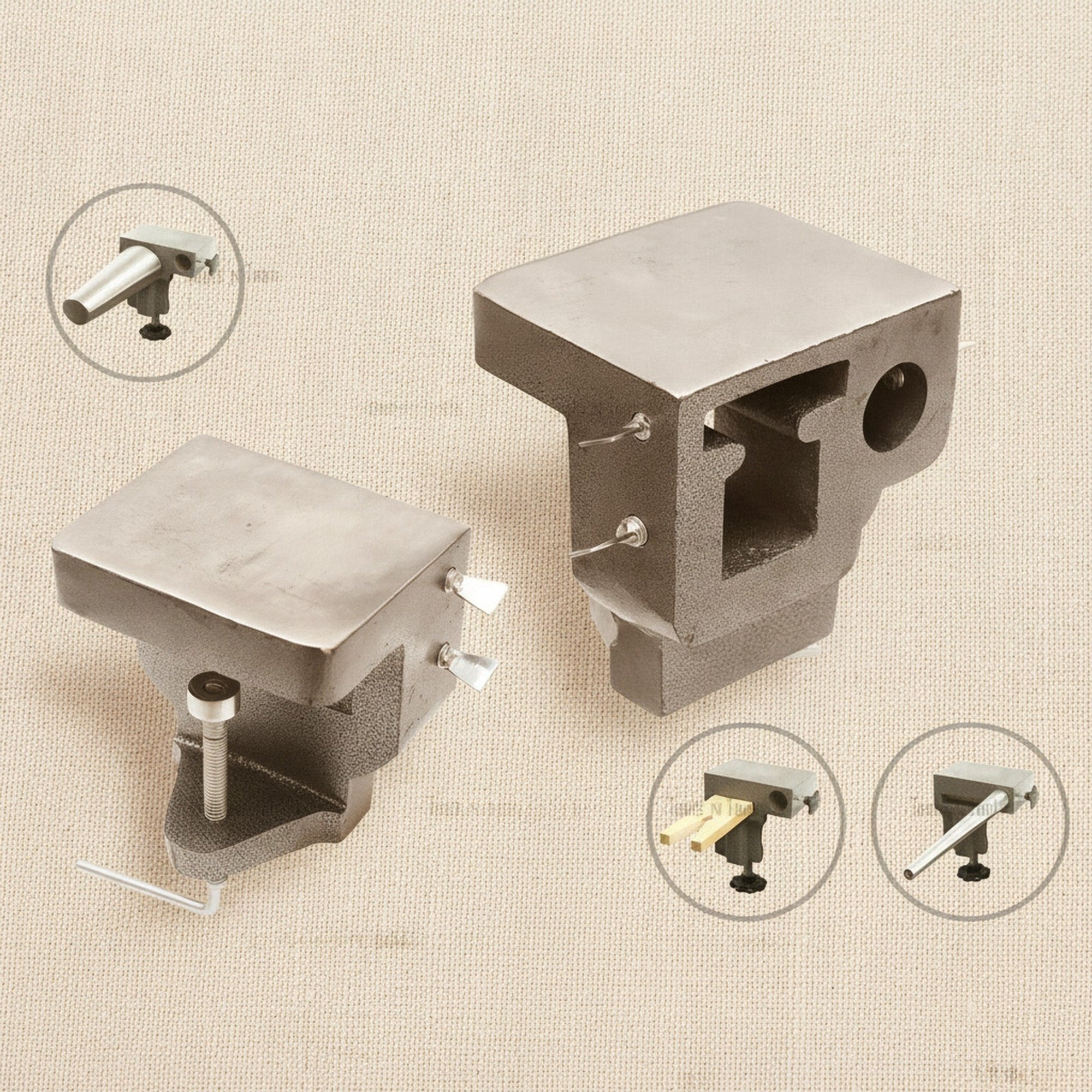 The reversible hardwood bench pin, showing the flat side and the V-slot cut-out.
