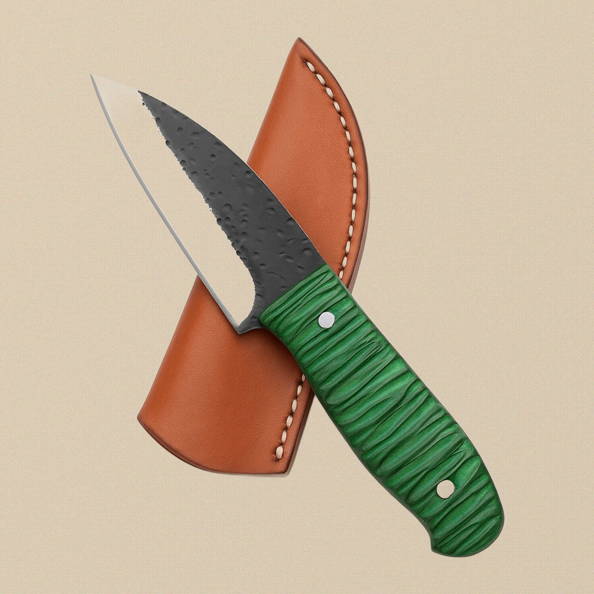 Forged D2 Steel Skinner Knife, 114mm Textured Blade, with Green Pakkawood Handle and Sheath | Knife | Toolsmith Ltd UK