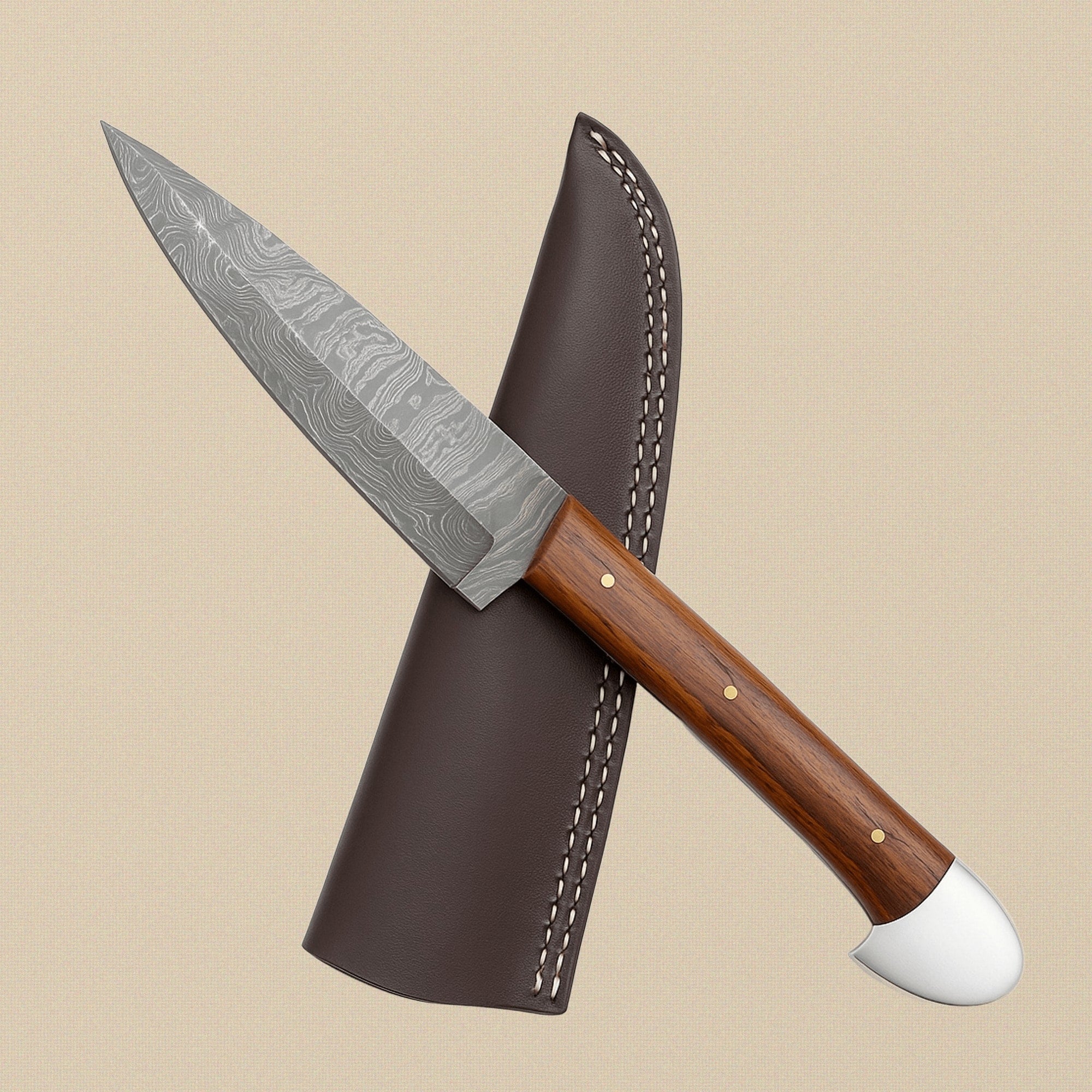 Four-Piece Damascus Chef's Knife Set with Rosewood Handles and Individual Leather Sheaths | Knife Set | Toolsmith Ltd UK