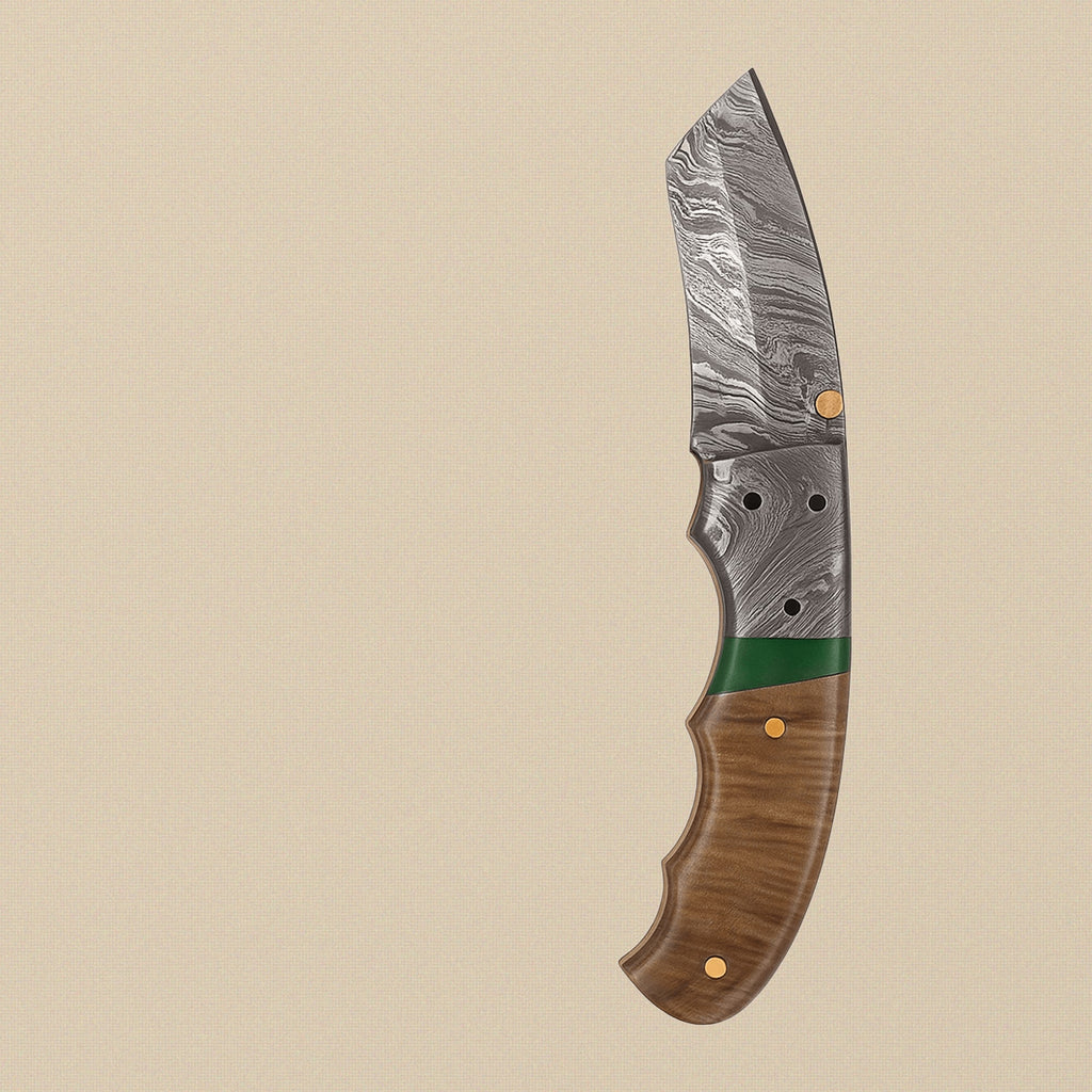 Ram Horn Handled Folding Knife with 76mm Fire Pattern Damascus Blade and Sheath | Folding Knife | Toolsmith Ltd UK