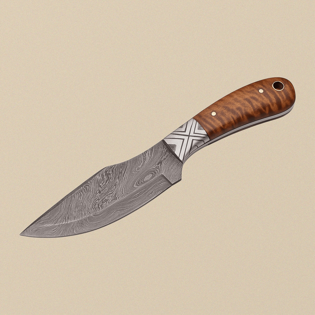 Damascus Steel Skinner Knife (8.6-inch) with Wood Handle and Leather Sheath | Knife | Toolsmith Ltd UK