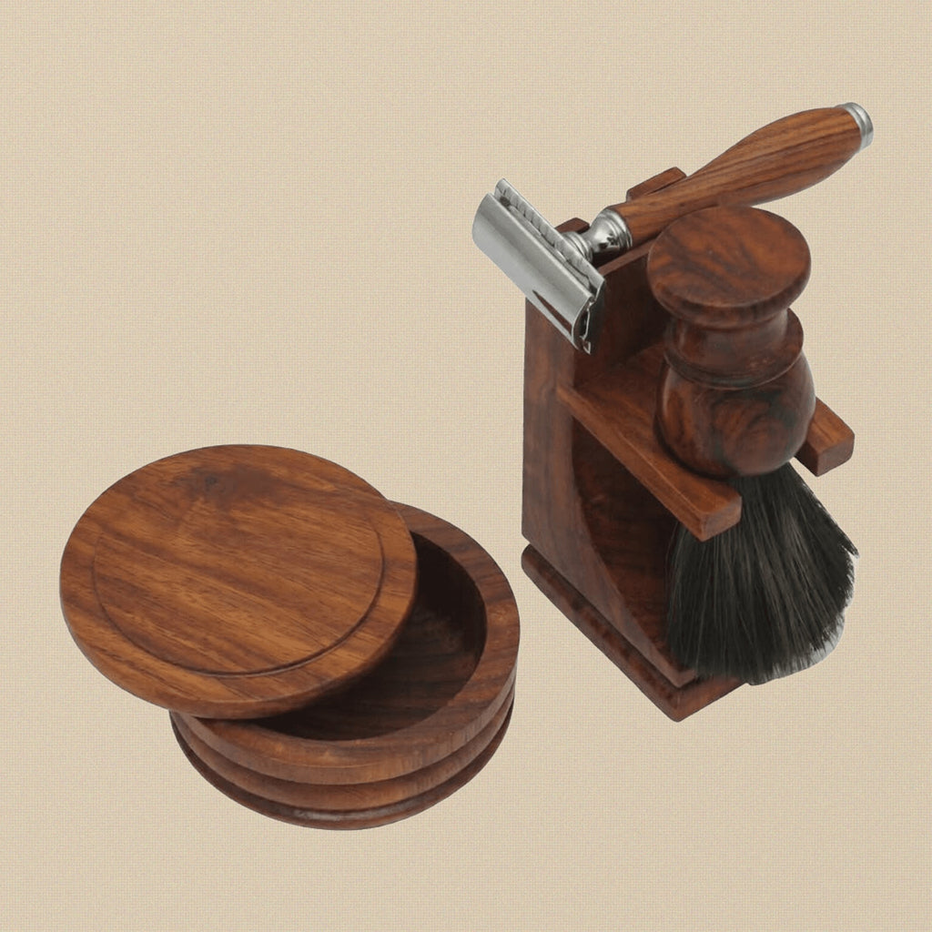 Premium 4 Piece Wooden Shaving Kit with Horse Hair Brush, Double Edge Razor, Stand and Soap Bowl, Natural Polished Wood | Pet Grooming Tools | Toolsmith Ltd UK