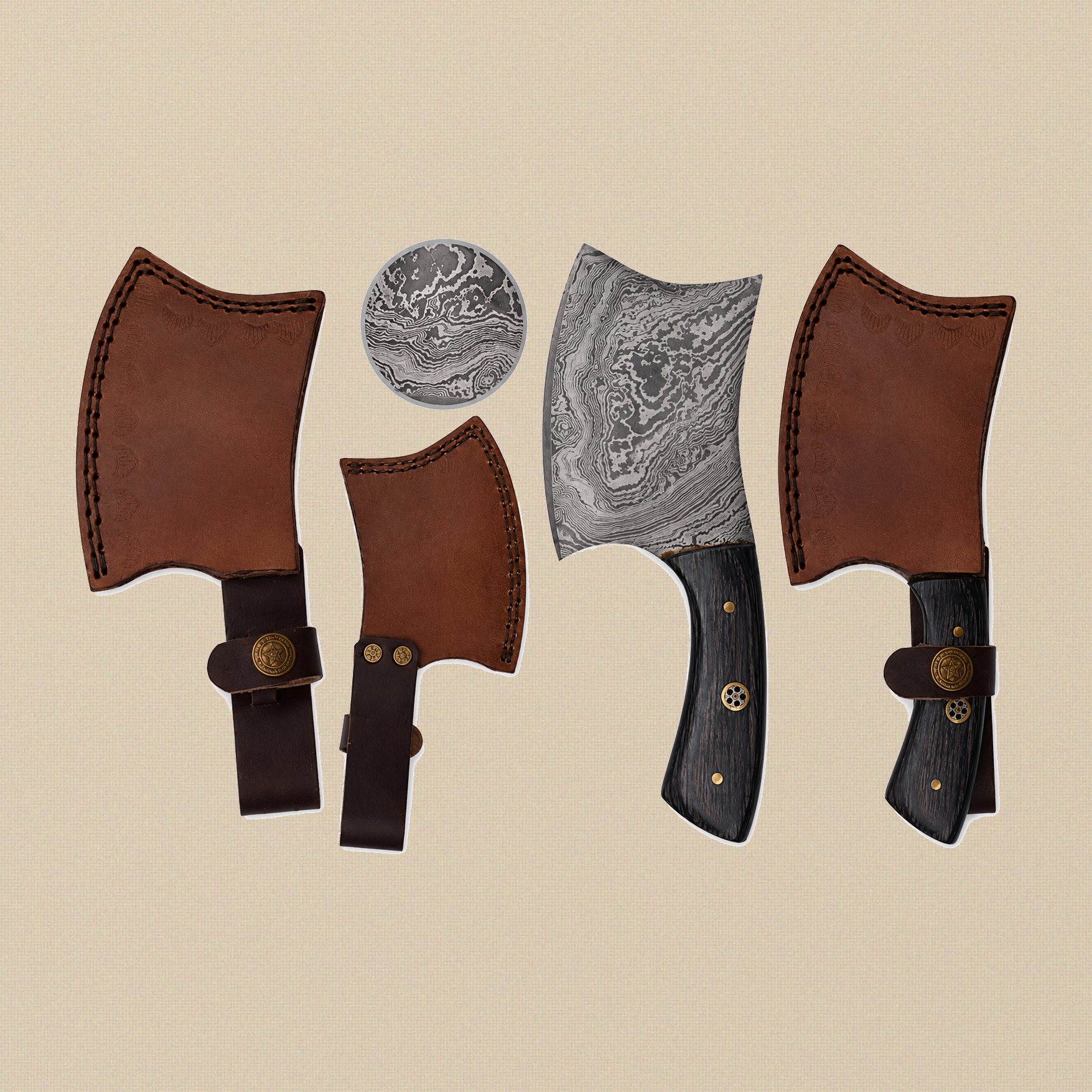 Mini Damascus Steel Axe, 7-inch, with Wood and Brass Handle and Leather Sheath | Axe | Toolsmith Ltd UK