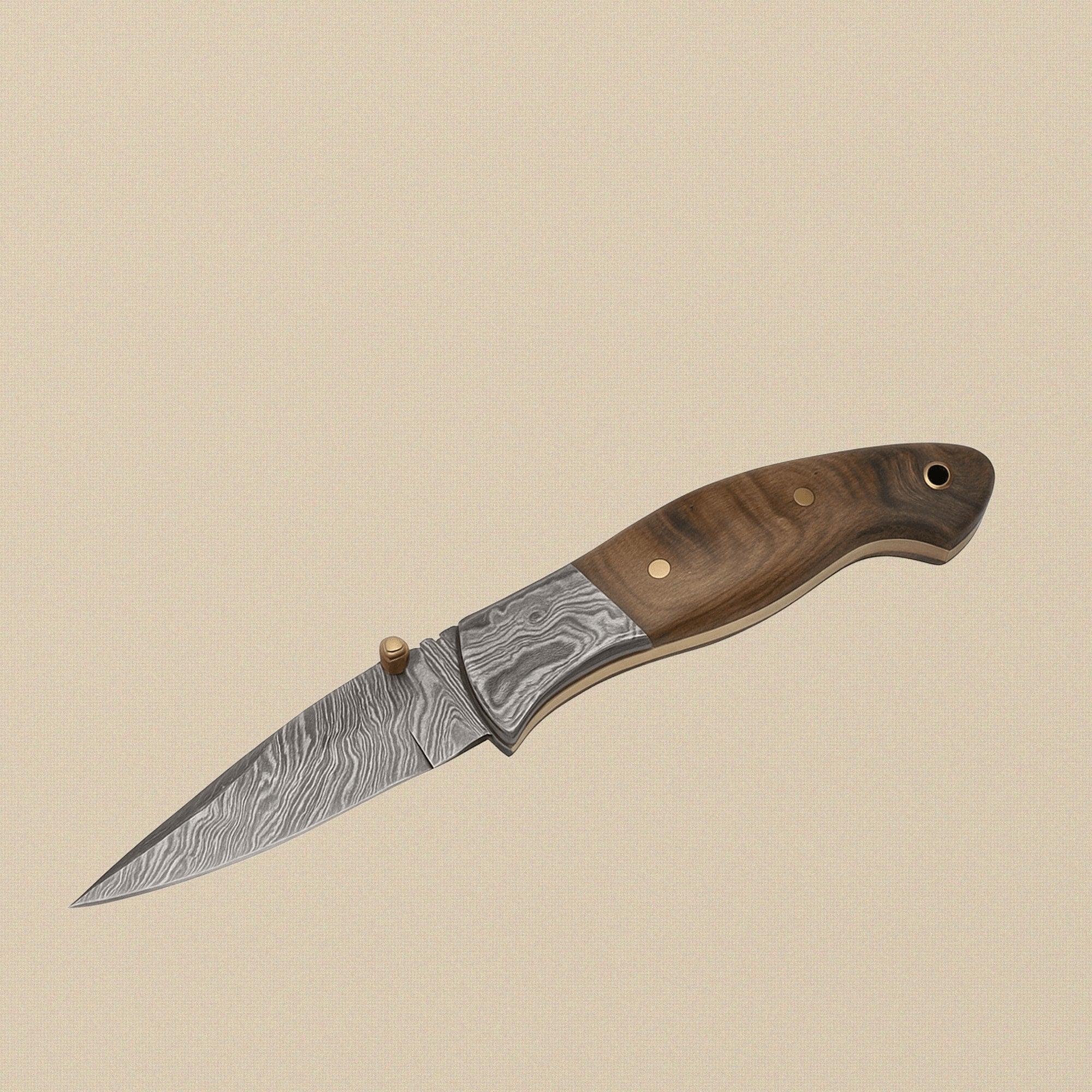 Folding Knife with Ram Horn Handle, 3.5" Fire Pattern Damascus Blade & Leather Sheath | Folding Knife | Toolsmith Ltd UK