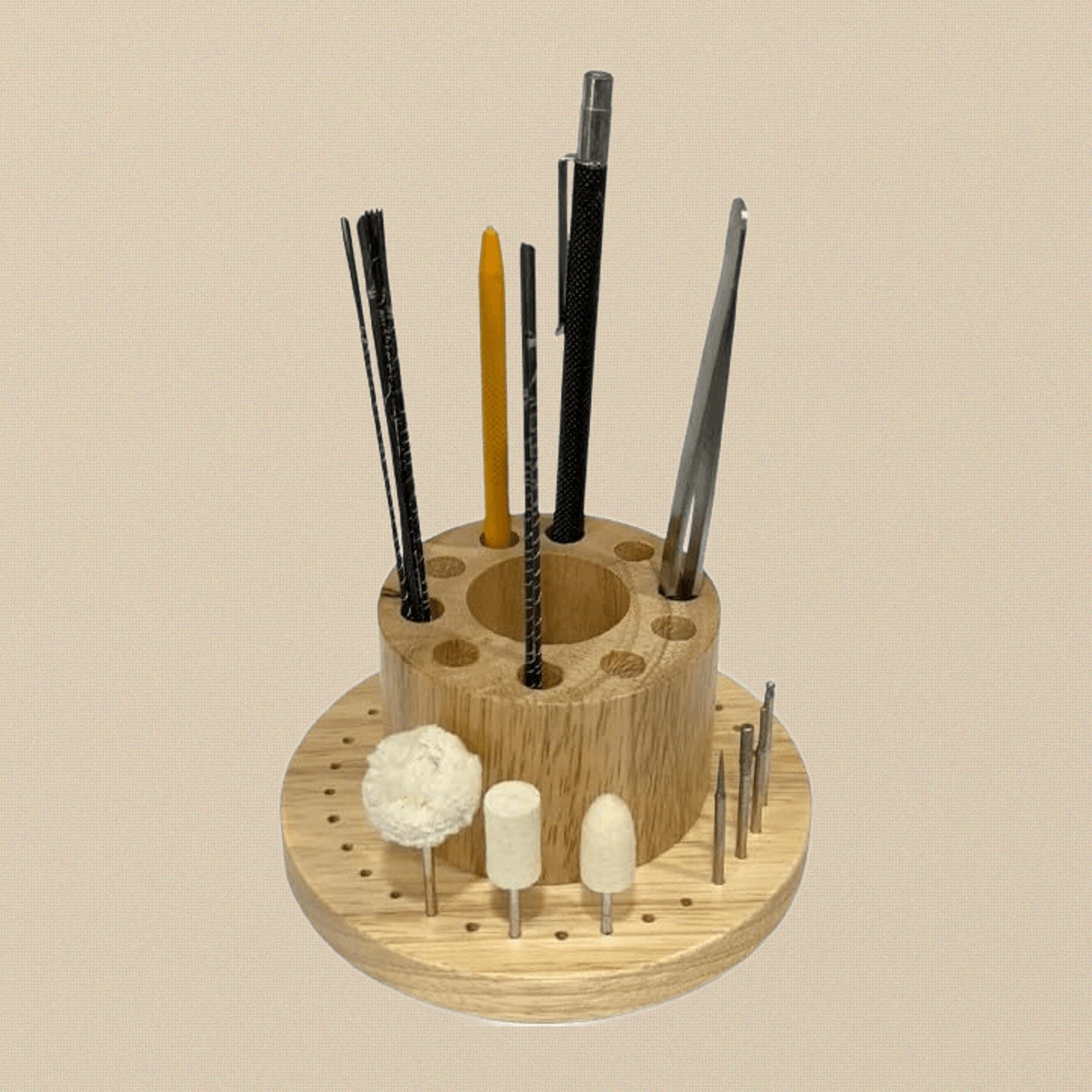 42-Holes Wooden Saw Blade Storage Organiser, 125 MM Round Base Stand with Burs, Bits, Files, Tweezers Holder, 65 MM Height | Jewellery Making Tools | Toolsmith Ltd UK