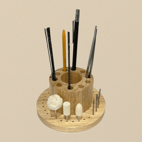 42-Holes Wooden Saw Blade Storage Organiser, 125 MM Round Base Stand with Burs, Bits, Files, Tweezers Holder, 65 MM Height | Jewellery Making Tools | Toolsmith Ltd UK