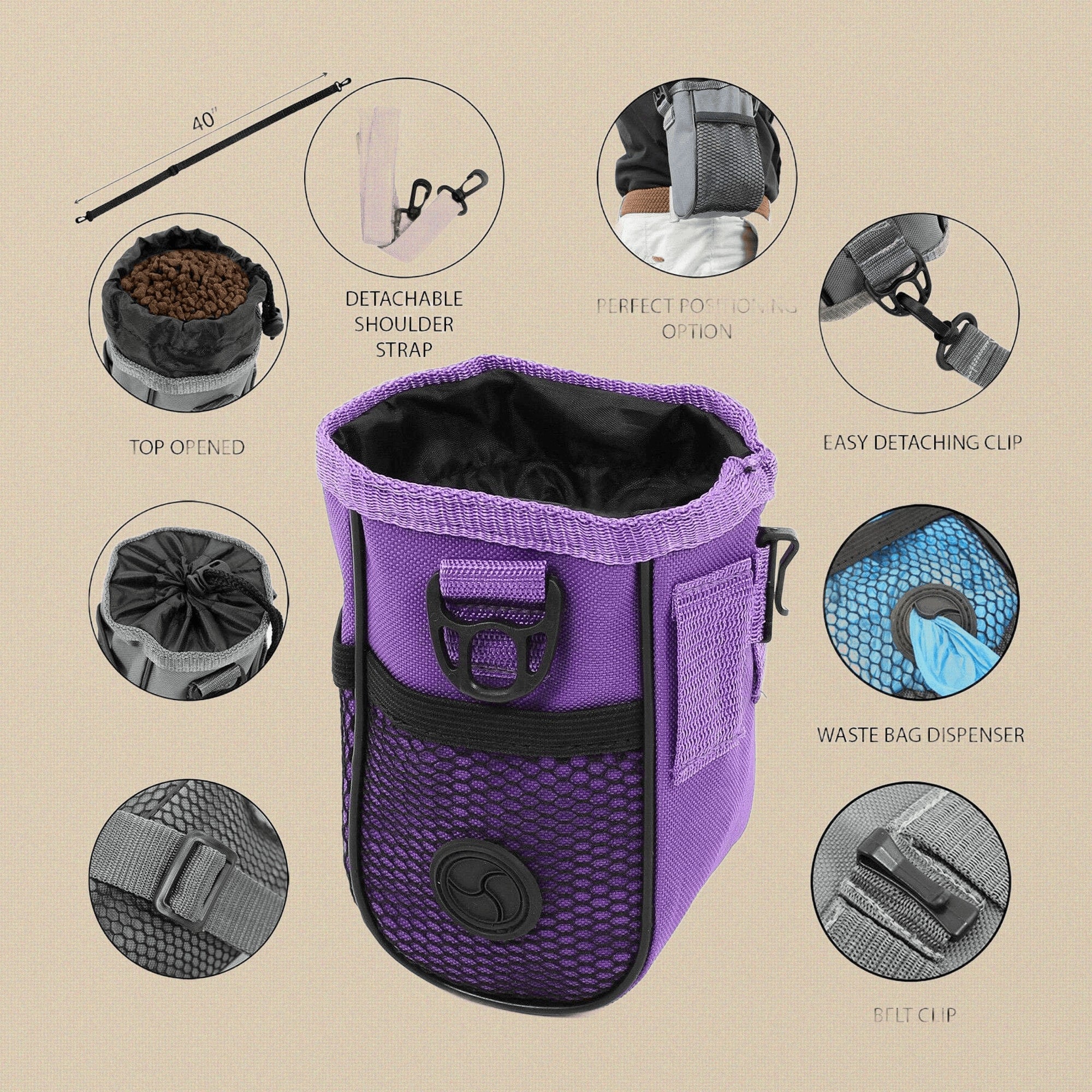 Purple Pet Training Treat Pouch, Mesh and Nylon, 6 x 3 Inch Premium Dog Cat Reward Bag with Drawstring, Puppy Obedience Training, Shoulder Strap, Belt Clip | Pet Grooming Tools | Toolsmith Ltd UK