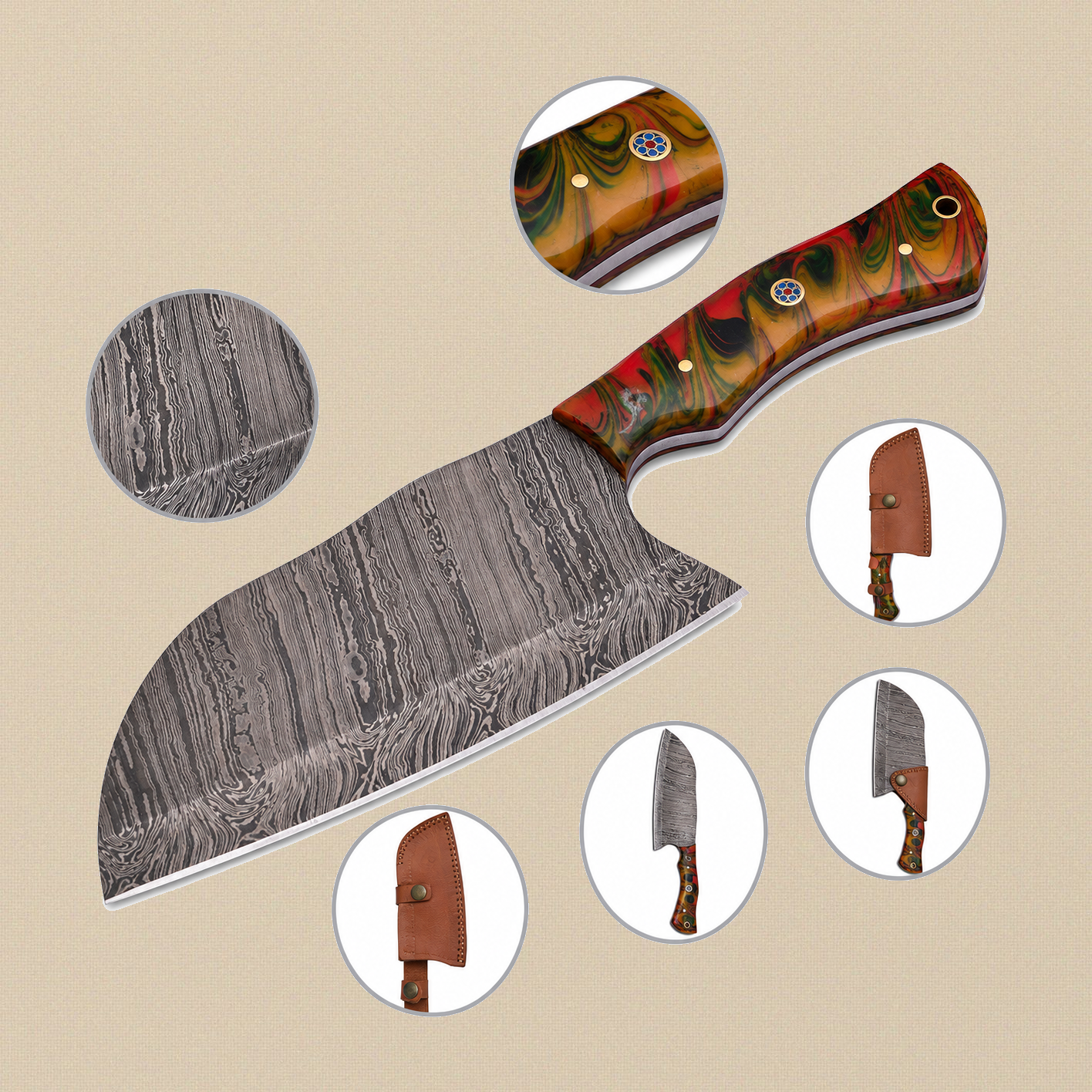 Damascus Steel Cleaver with 165mm Blade, Horn Handle and Leather Sheath | Cleaver | Toolsmith Ltd UK