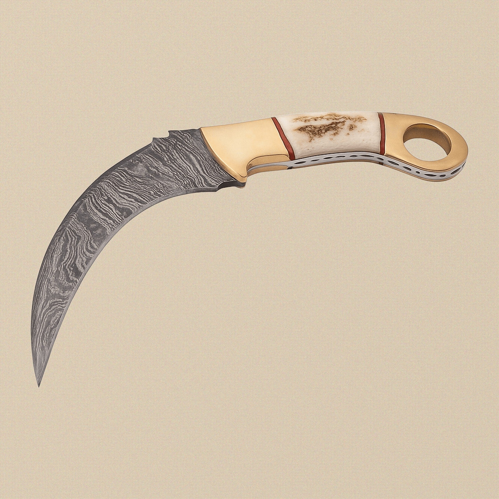 Hand-Forged Karambit Knife in Raindrop Damascus Steel with Red Deer Stag Handle | Knife | Toolsmith Ltd UK