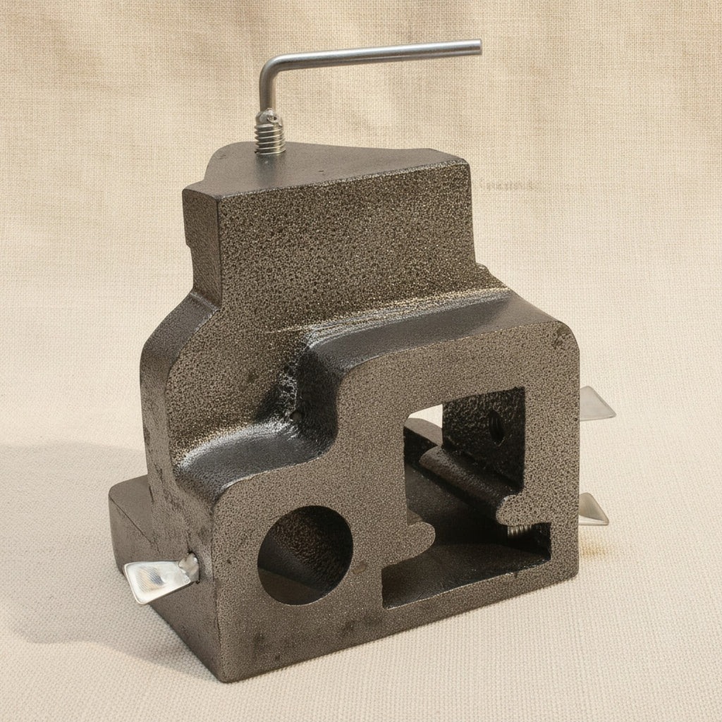 The bench tool clamped to a wooden workbench, demonstrating its use.