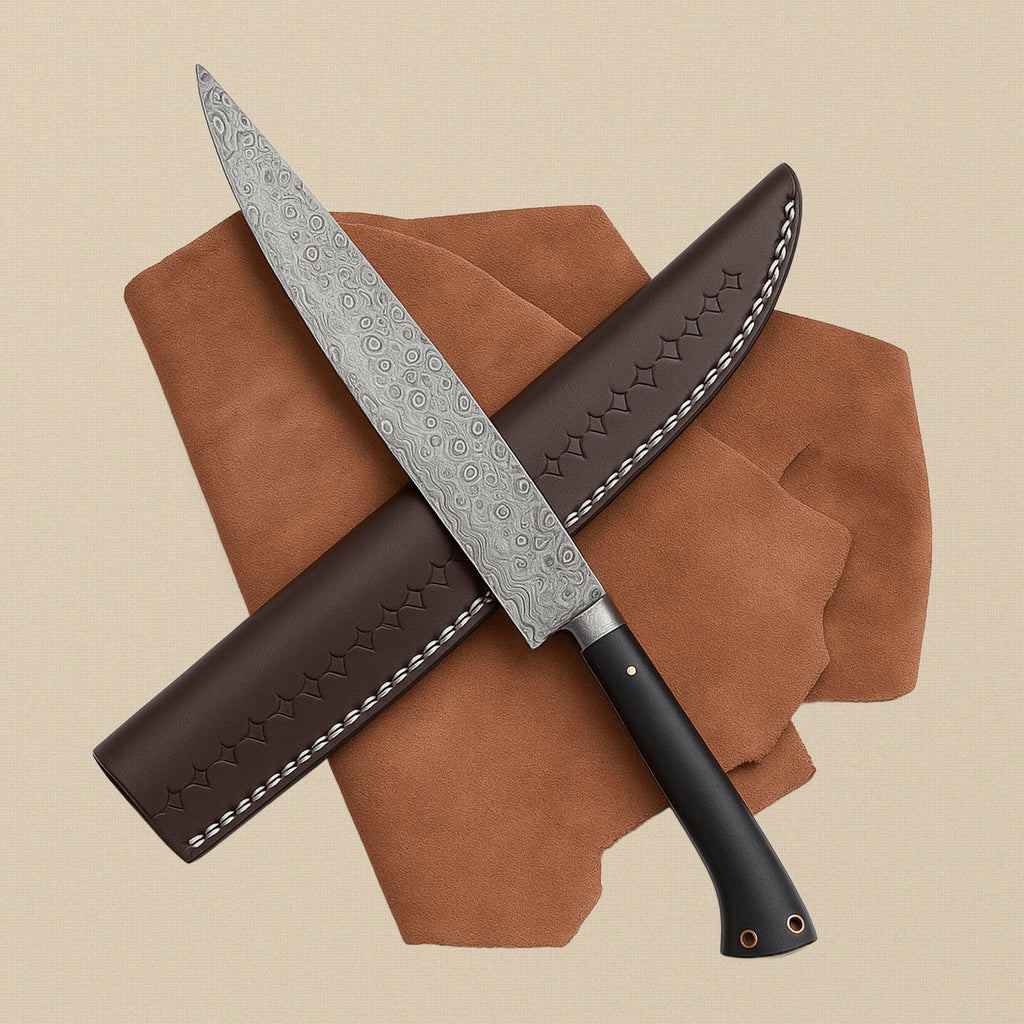 Damascus Steel 6-Piece Chef Knife Set with Black Micarta Handles & Leather Sheaths | Knife Set | Toolsmith Ltd UK