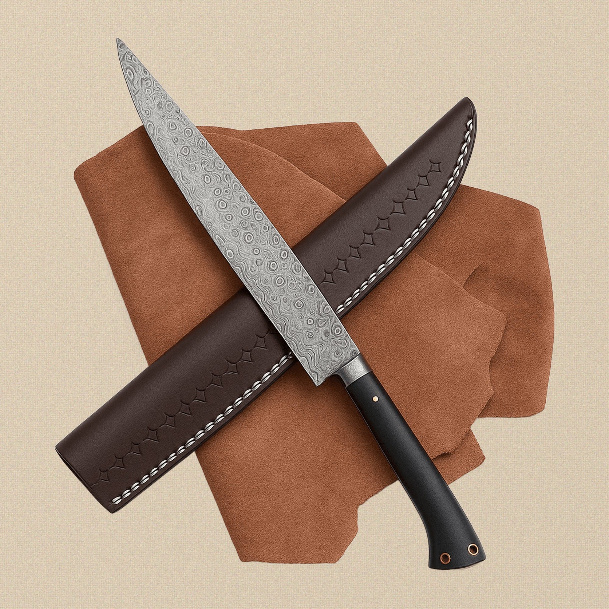 Damascus Steel 6-Piece Chef Knife Set with Black Micarta Handles & Leather Sheaths | Knife Set | Toolsmith Ltd UK