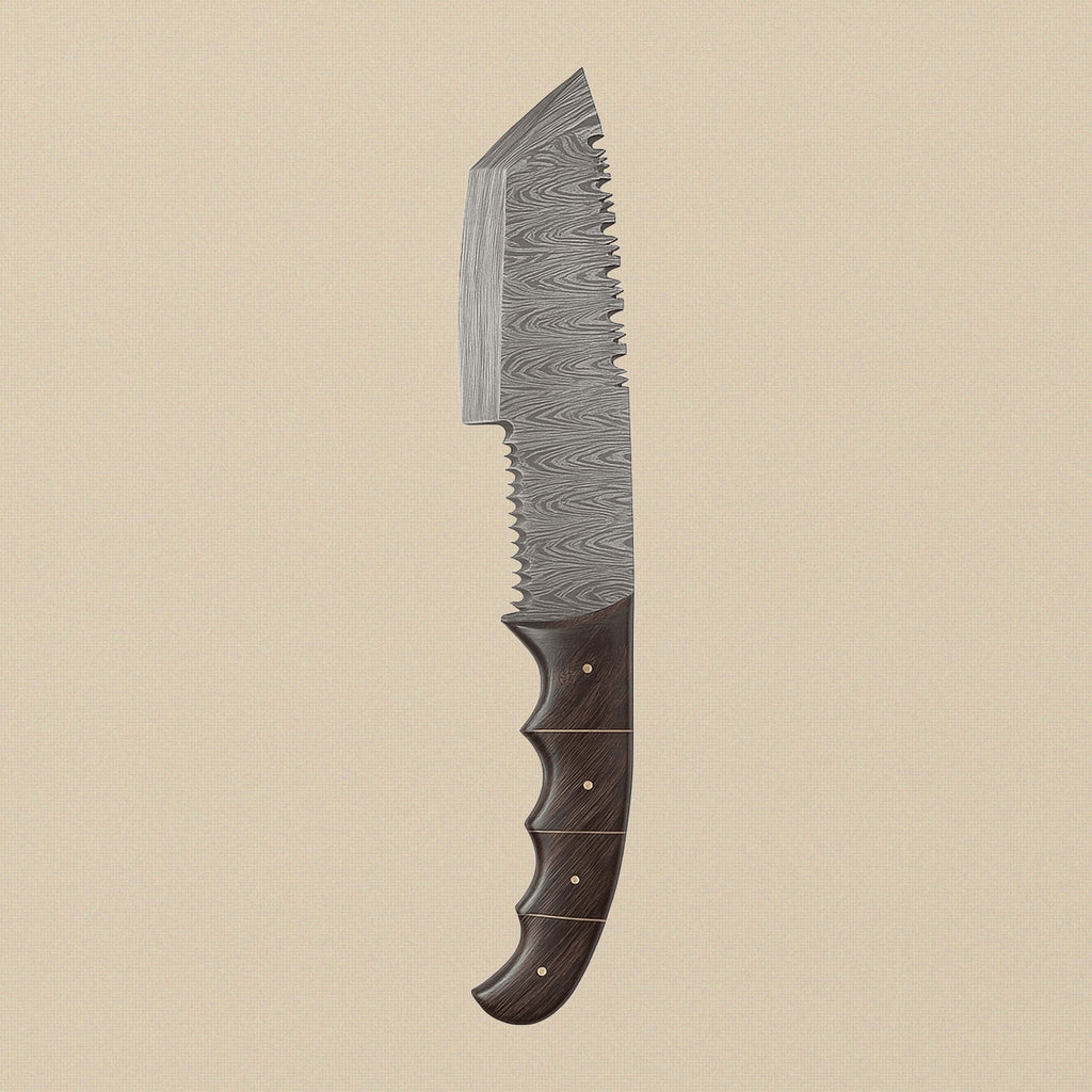 Damascus Steel Tracker Knife (8-inch Blade) with Ram Horn Handle and Leather Sheath | Knives | Toolsmith Ltd UK
