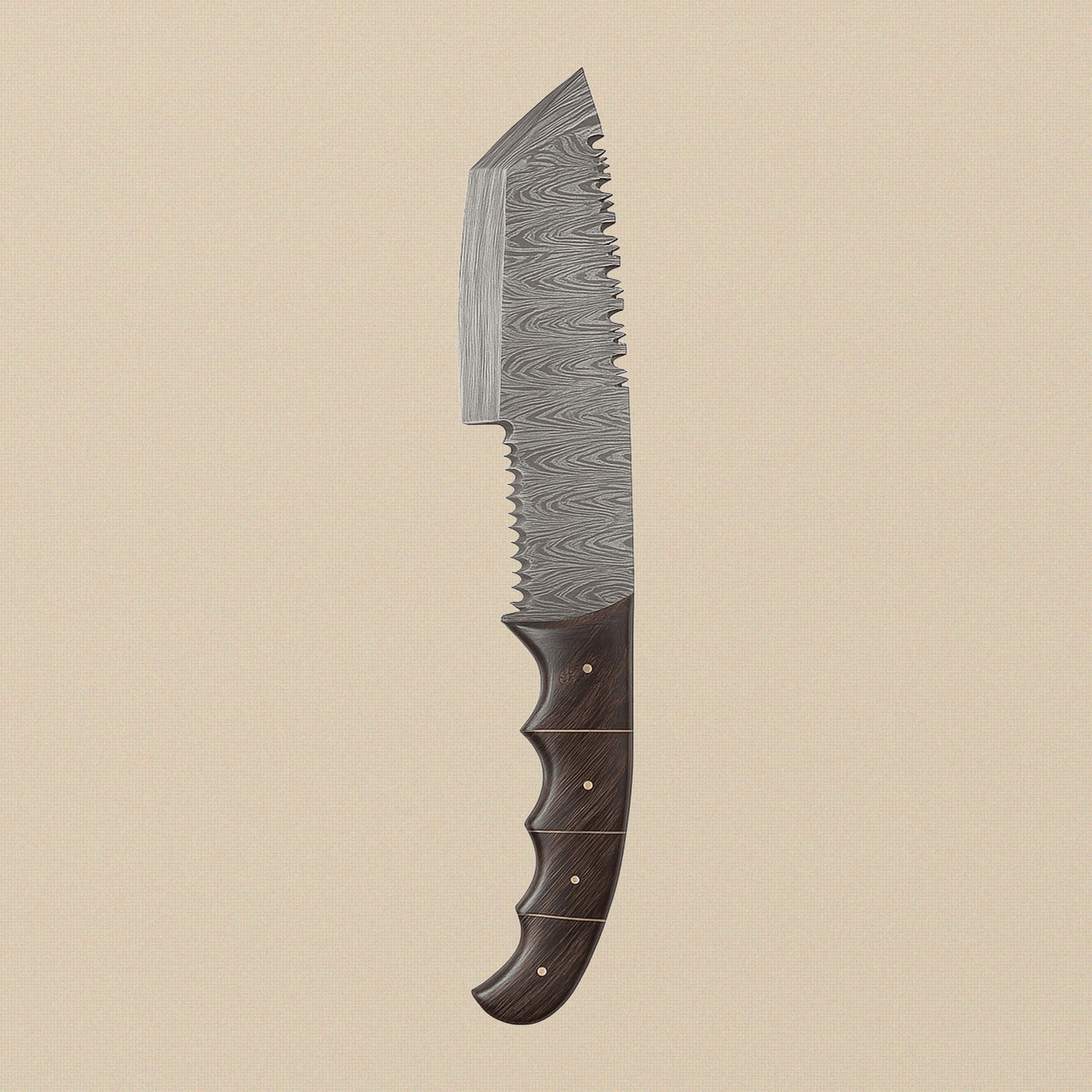 Damascus Steel Tracker Knife (8-inch Blade) with Ram Horn Handle and Leather Sheath | Knives | Toolsmith Ltd UK