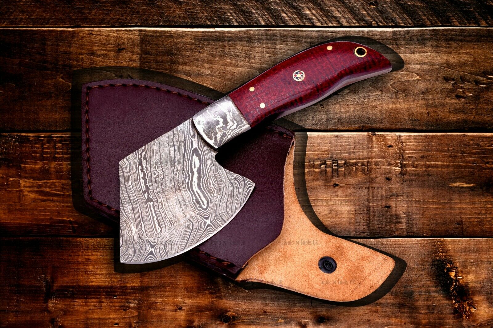Damascus Steel Hatchet, 190mm, with Exotic Wood Handle and Leather Sheath | Hatchet | Toolsmith Ltd UK
