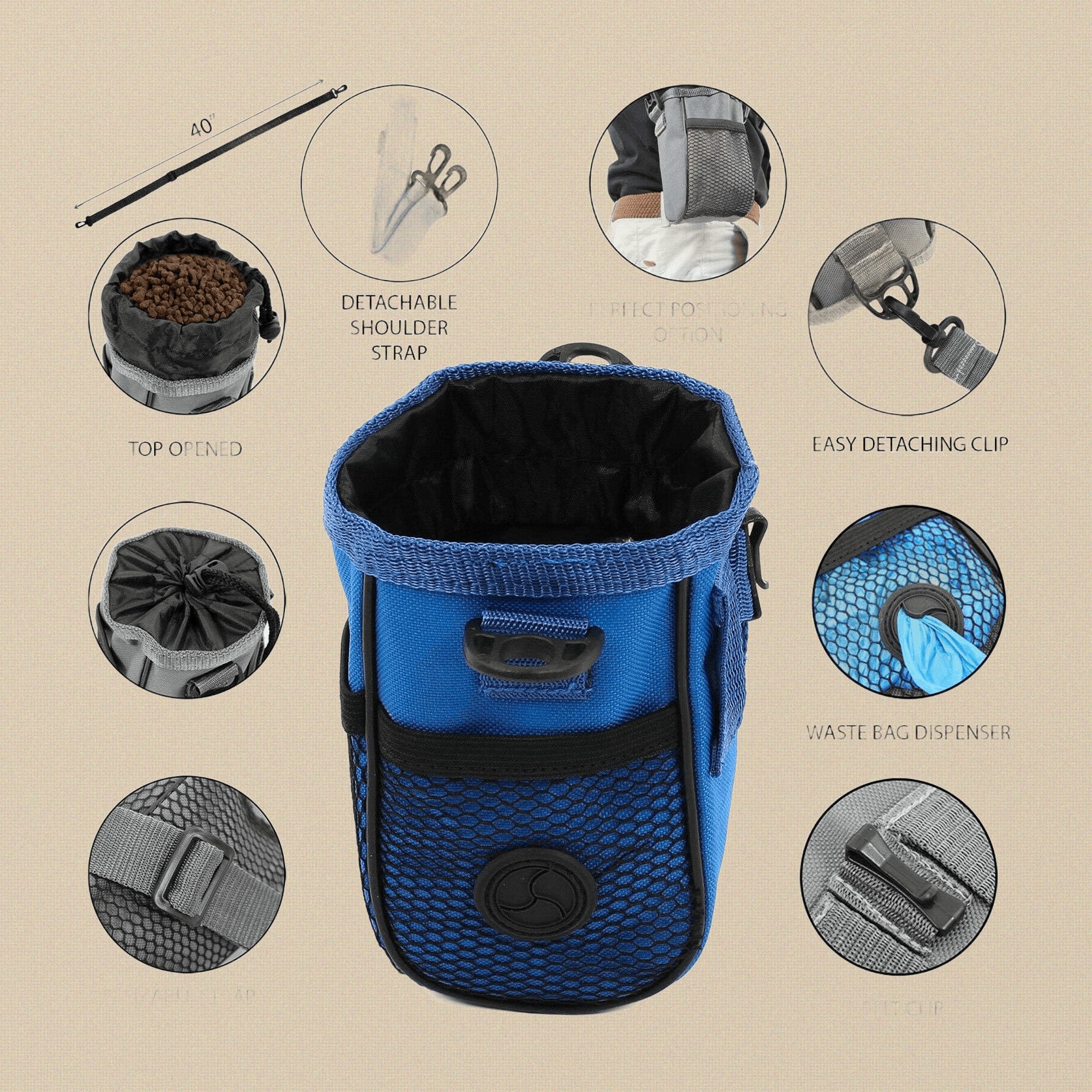 Blue Pet Training Treat Pouch, 6" x 3" Dog Cat Premium Reward Bag with Detachable Shoulder Strap, for Puppy Obedience Training, Waste Bag Dispenser, Belt Clip | Pet Grooming Tools | Toolsmith Ltd UK