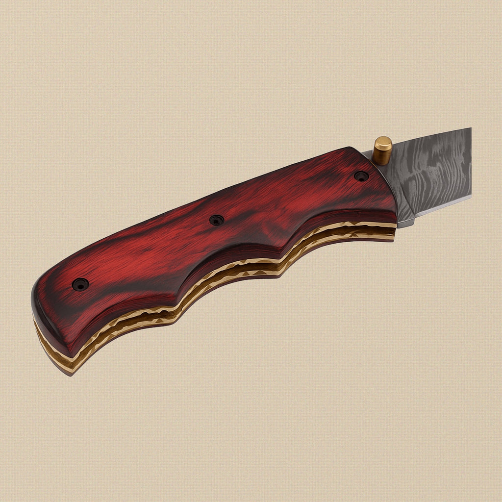 Folding Knife with 76mm Damascus Steel Blade, Red Pakkawood Handle and Leather Sheath | Folding Knife | Toolsmith Ltd UK
