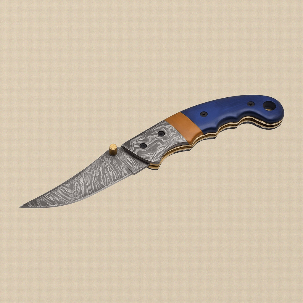 Damascus Steel Folding Knife with Blue Camel Bone Handle & Sheath, 7.5" (190mm) | Folding Knife | Toolsmith Ltd UK