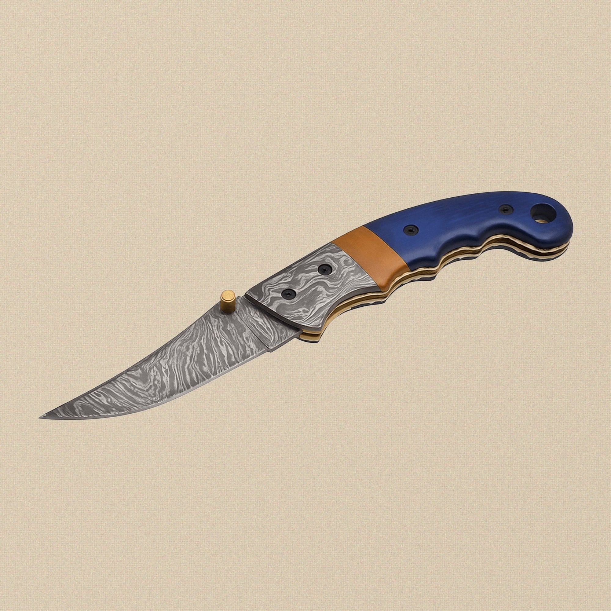 Damascus Steel Folding Knife with Blue Camel Bone Handle & Sheath, 7.5" (190mm) | Folding Knife | Toolsmith Ltd UK