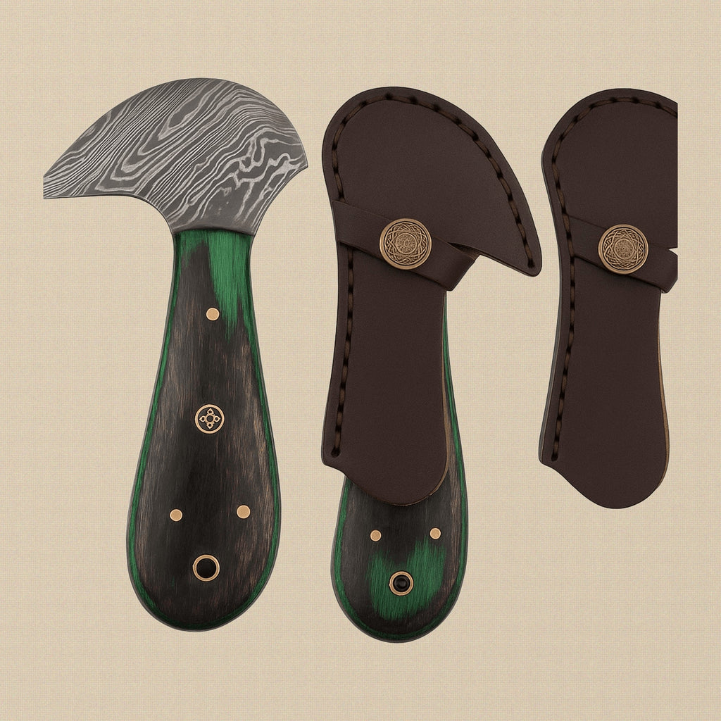Damascus Steel Saddler's Leather Cutter, 6-inch, with Wood and Brass Handle and Leather Sheath | Leather Cutter | Toolsmith Ltd UK