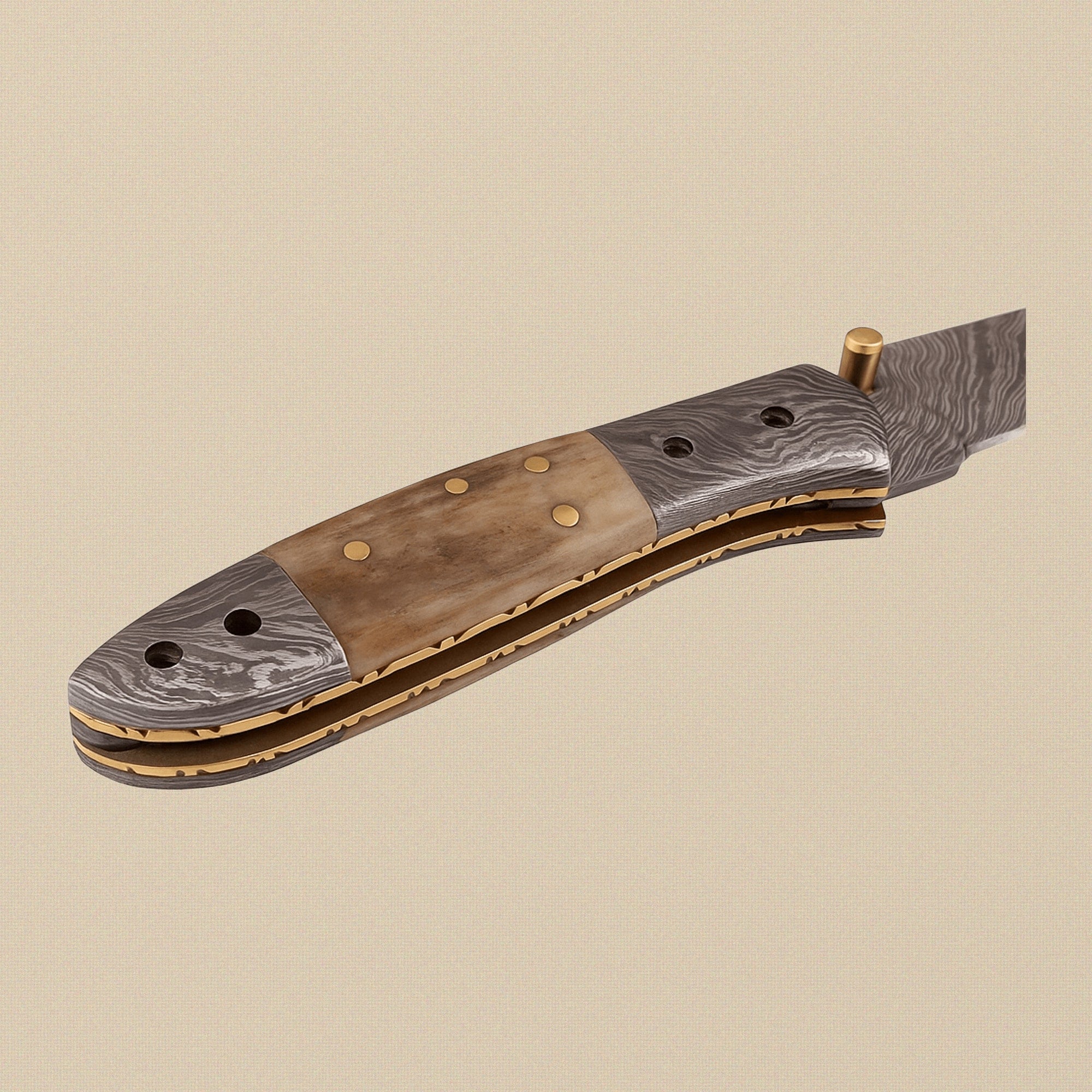 Damascus Steel Folding Knife (7.5") with Ram Horn Handle and Leather Sheath | Folding Knife | Toolsmith Ltd UK