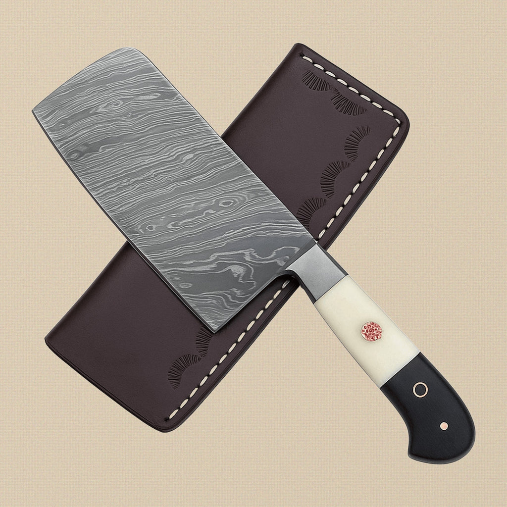 8-Piece Damascus Steel Chef Knife Set with Camel Bone & Micarta Handles and Leather Sheaths | Knife Set | Toolsmith Ltd UK