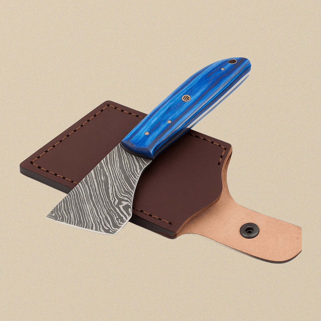 Saddler's Leather Skiving Tool, 7-inch Damascus Steel, with Wood and Brass Handle and Leather Sheath | Leather Skiving Knife | Toolsmith Ltd UK