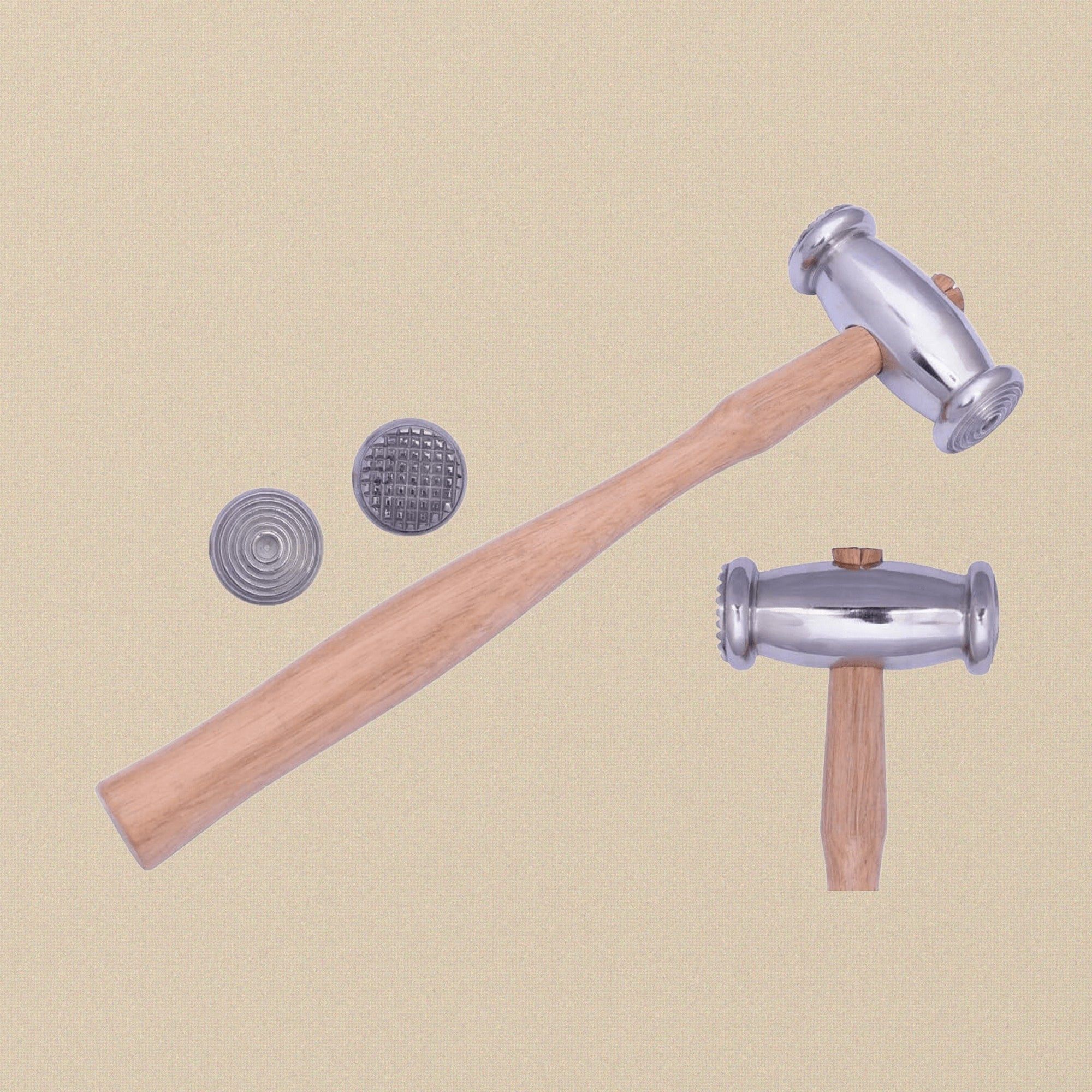 Dual Sided Texturing Hammer for Jewellery Making, Metal Smithing Tool with Wooden Handle, Thin Circles and Speckles Pattern, Repousse Craft Tool | Jewellery Making Tools | Toolsmith Ltd UK