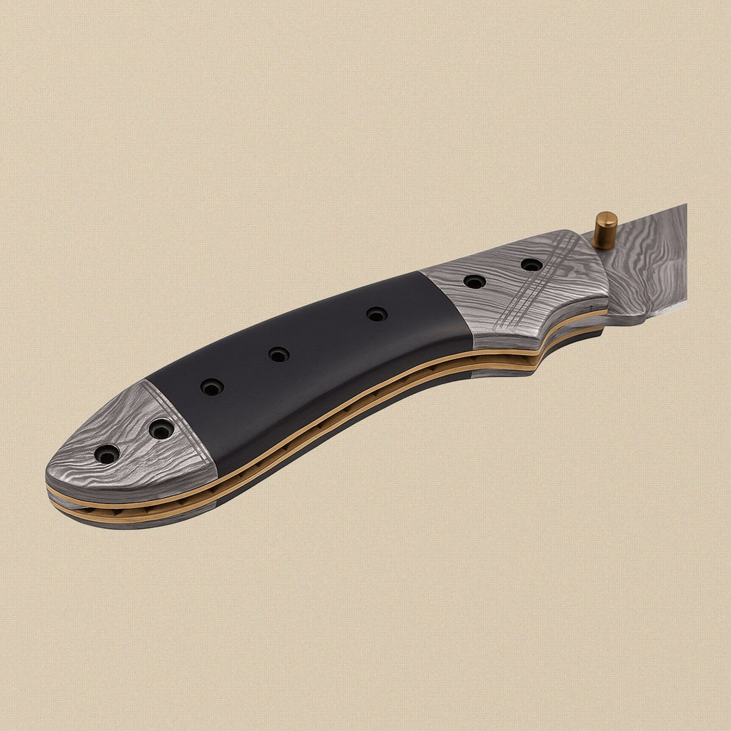 Buffalo Horn Handled Folding Knife with 76mm Damascus Steel Blade and Leather Sheath | Folding Knife | Toolsmith Ltd UK