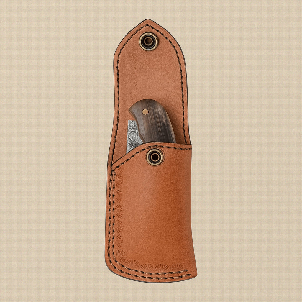 Ram Horn Handled Folding Knife with 76mm Fire Pattern Damascus Blade and Sheath | Folding Knife | Toolsmith Ltd UK