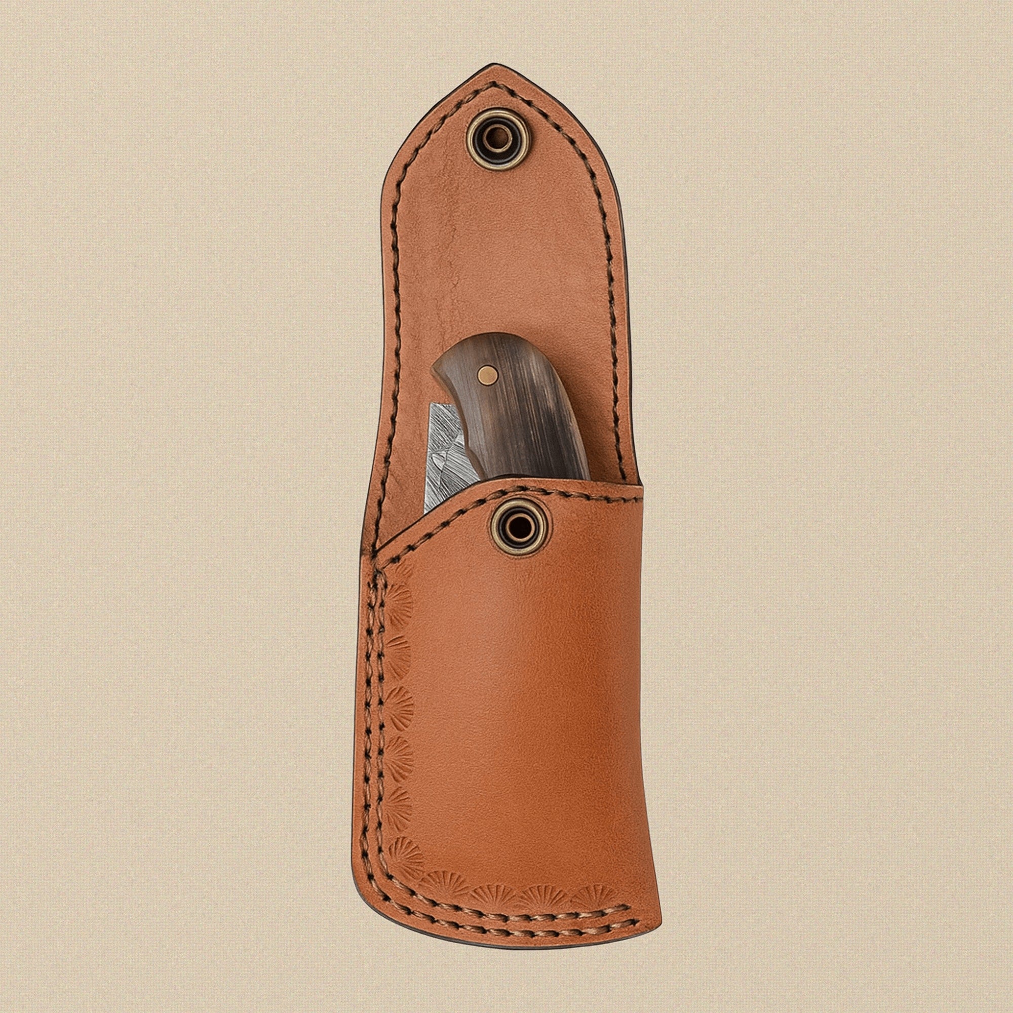 Ram Horn Handled Folding Knife with 76mm Fire Pattern Damascus Blade and Sheath | Folding Knife | Toolsmith Ltd UK